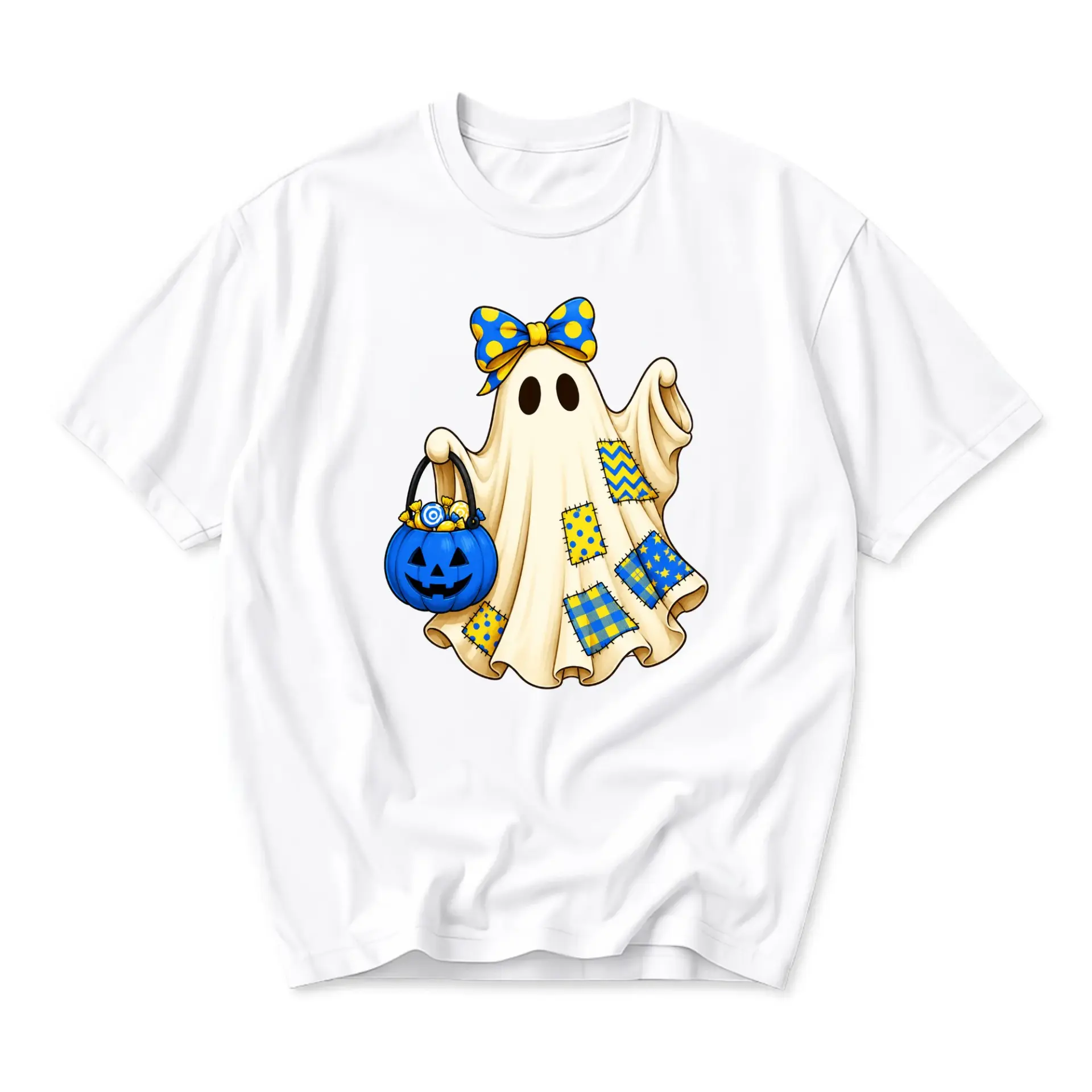 Graphic Tee Cute Patchwork Ghost with Blue Pumpkin Bucket Halloween Unisex Casual Crew Neck Soft Cotton T-Shirt