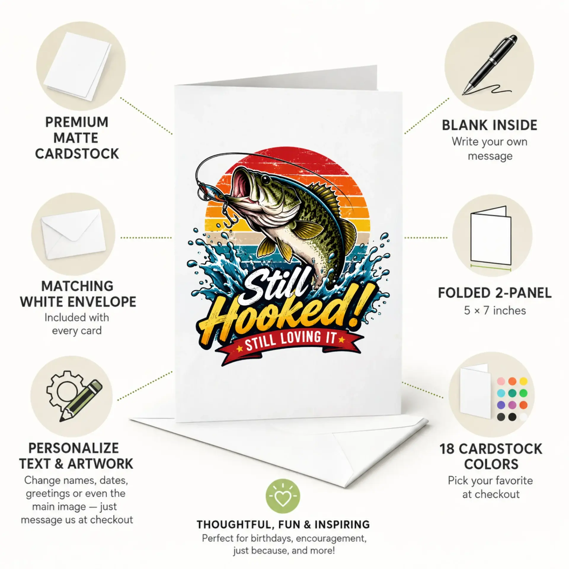 Funny Fishing Greeting Card Still Hooked Still Loving It Retro Bass Design for Outdoor Enthusiasts and Hobbyists