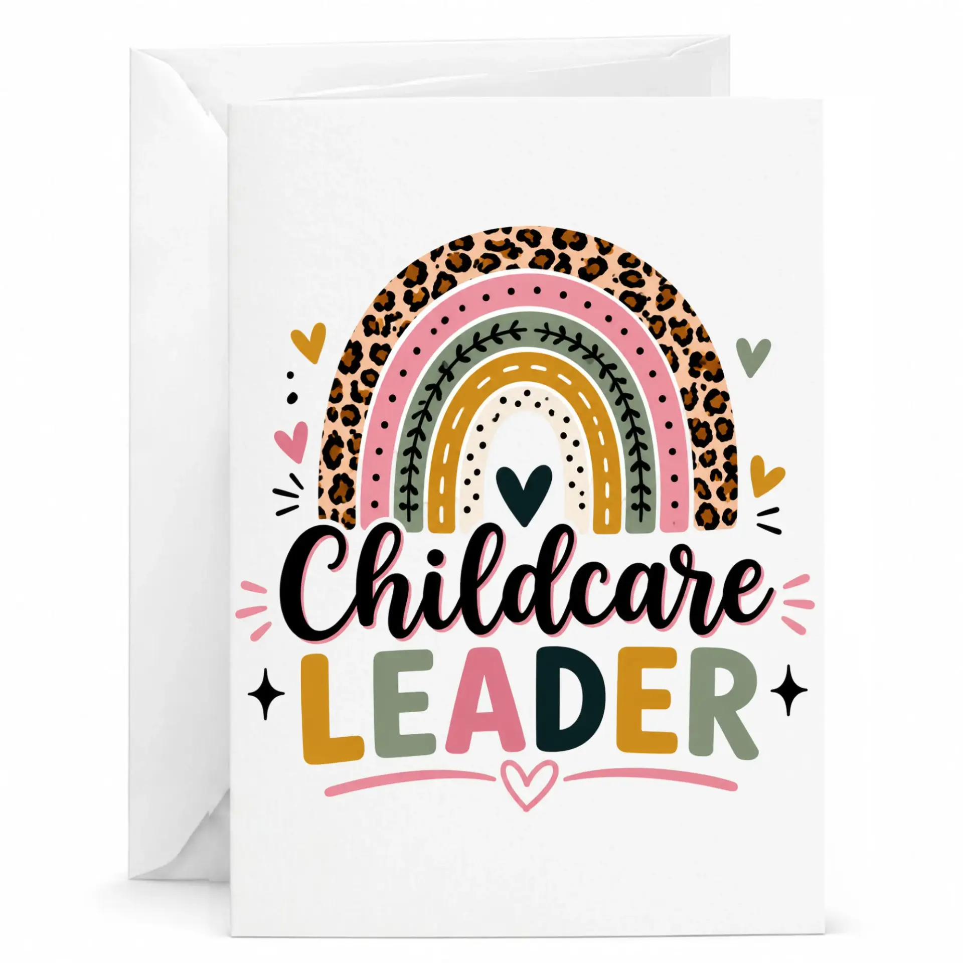 Greeting Card for Childcare Leader Colorful Rainbow Design with Leopard Print Detail 5x7 Folded Note Card