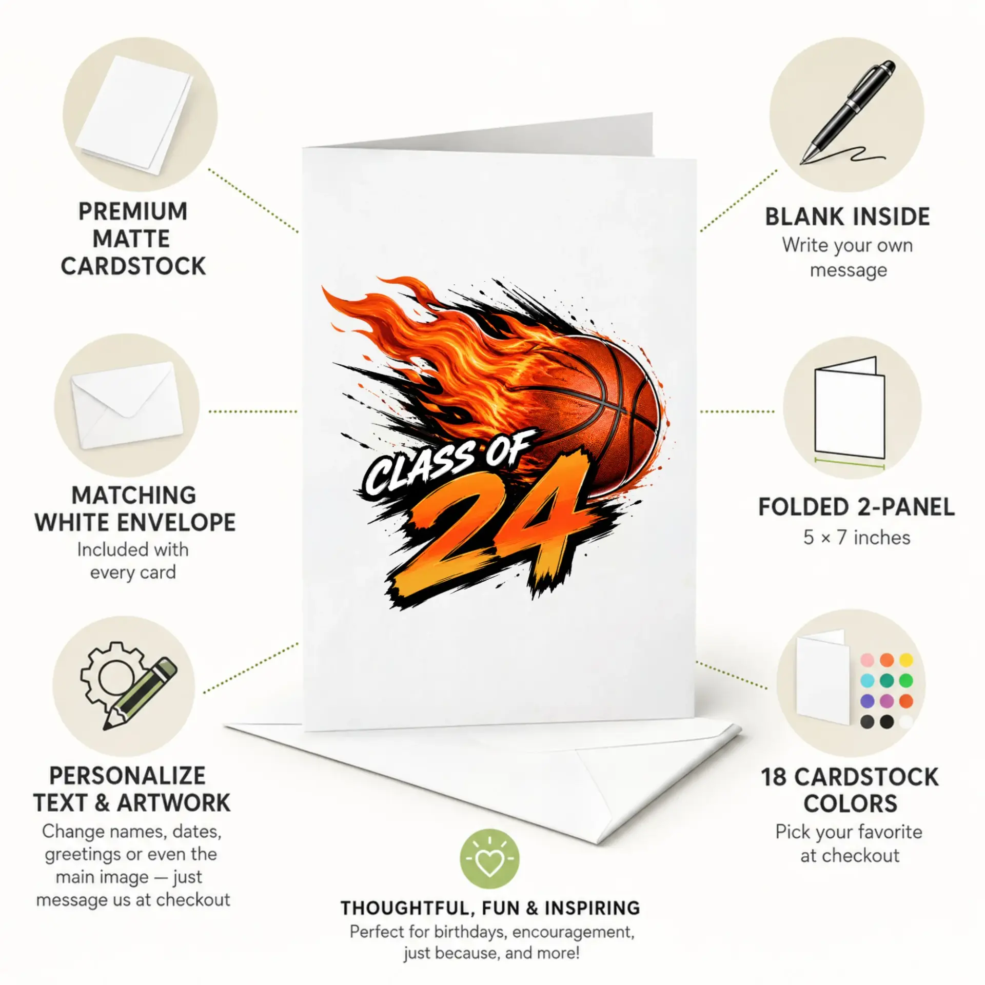 Greeting Card Class of 24 Basketball Theme with Flaming Sports Ball Design for Graduation and Milestone Celebrations