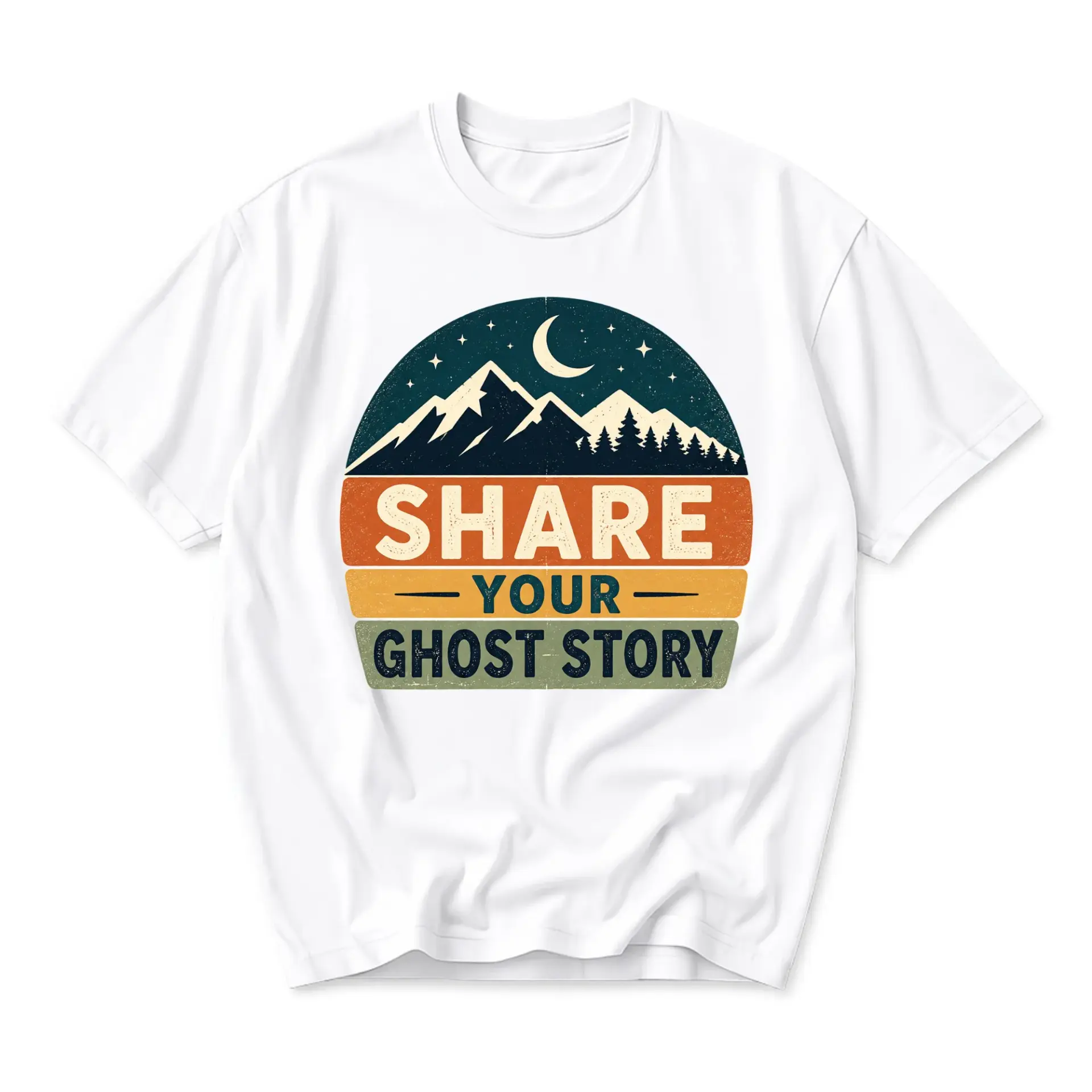 Graphic Tee Unisex Crew Neck T-Shirt Featuring Mountain Landscape and Share Your Ghost Story Retro Style Graphic Print