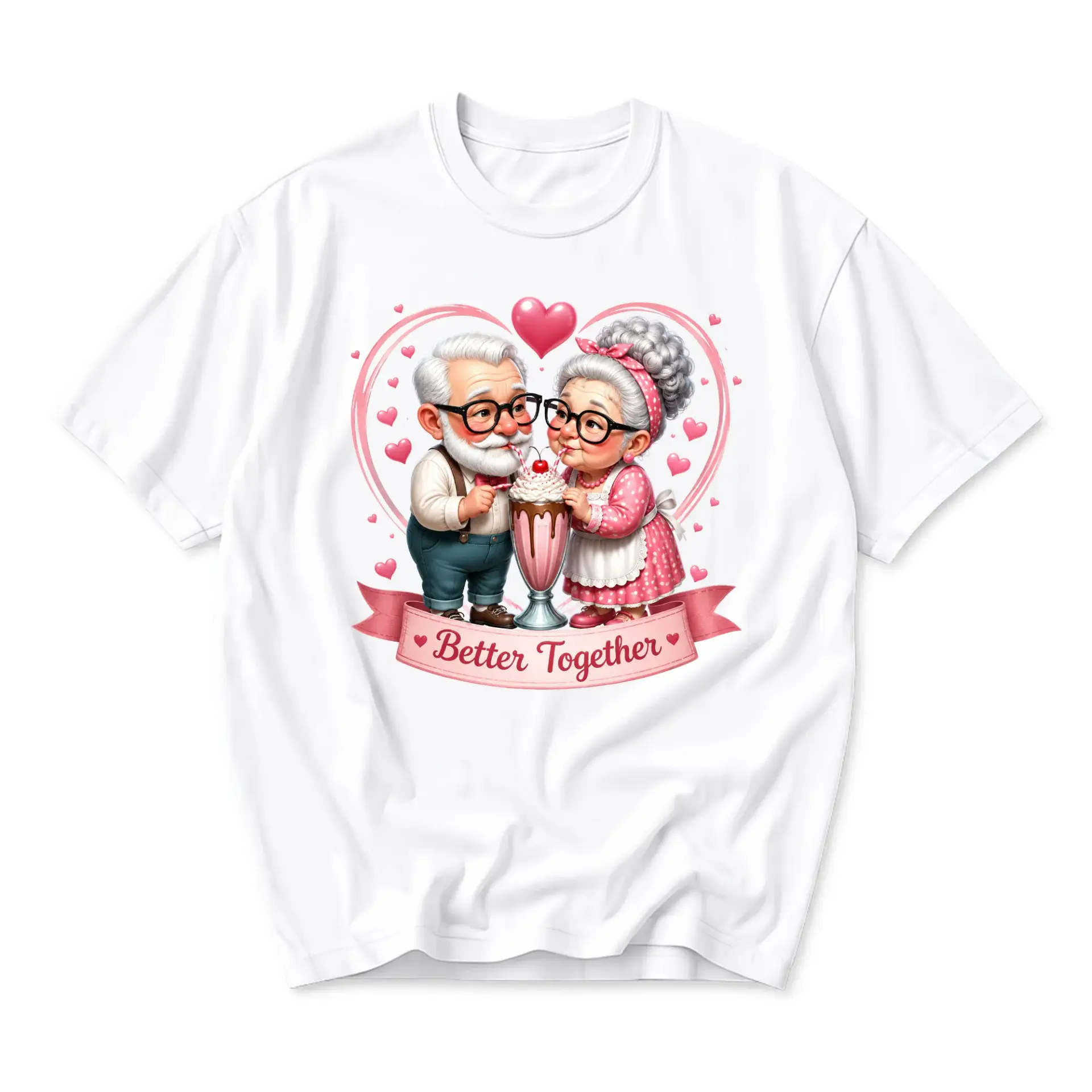 Graphic Tee Better Together Cute Elderly Couple Sharing Milkshake Illustration Casual Unisex Crew Neck Cotton Shirt