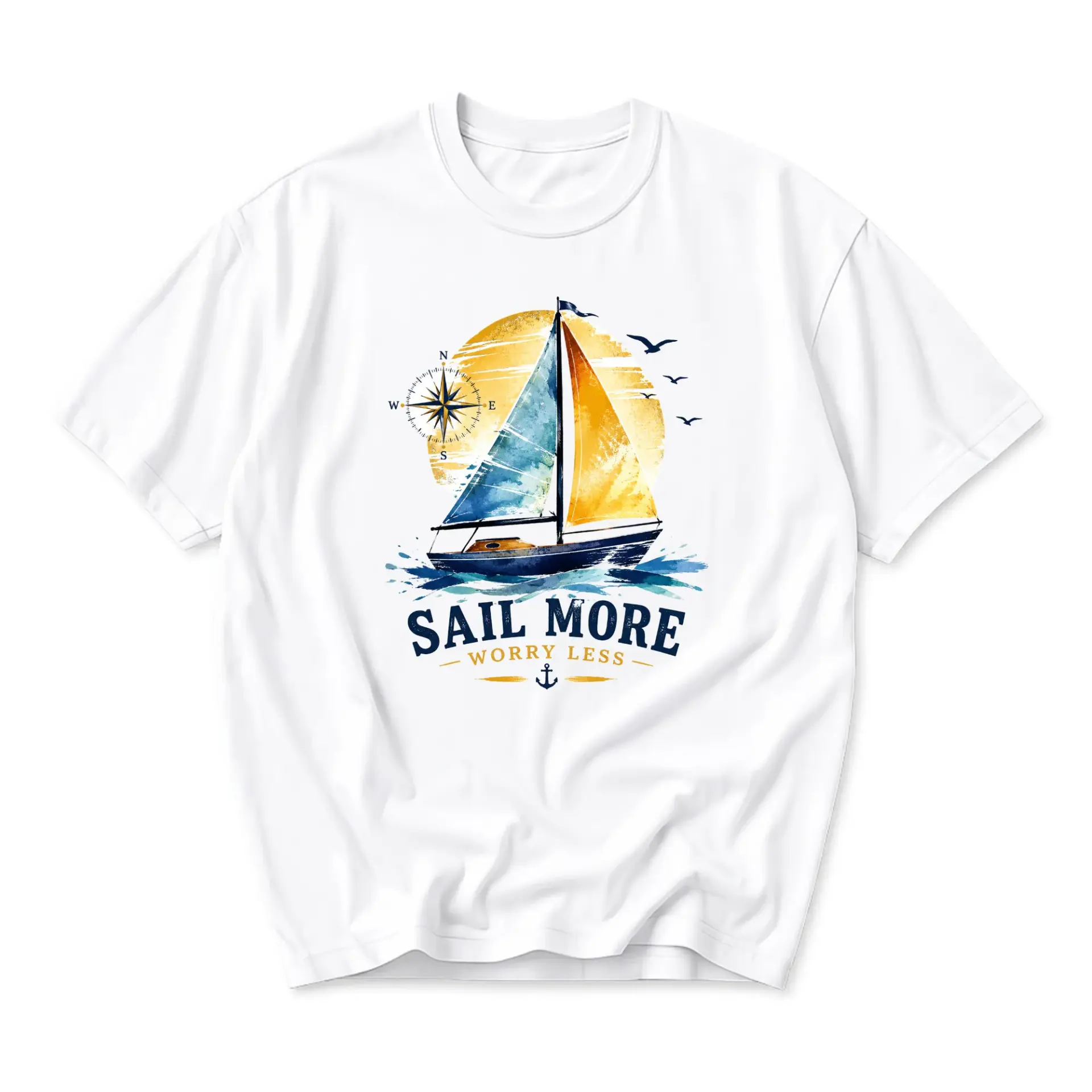 Graphic Tee Sail More Worry Less Nautical Sailing Design Unisex Crew Neck Short Sleeve Soft Casual Cotton Shirt