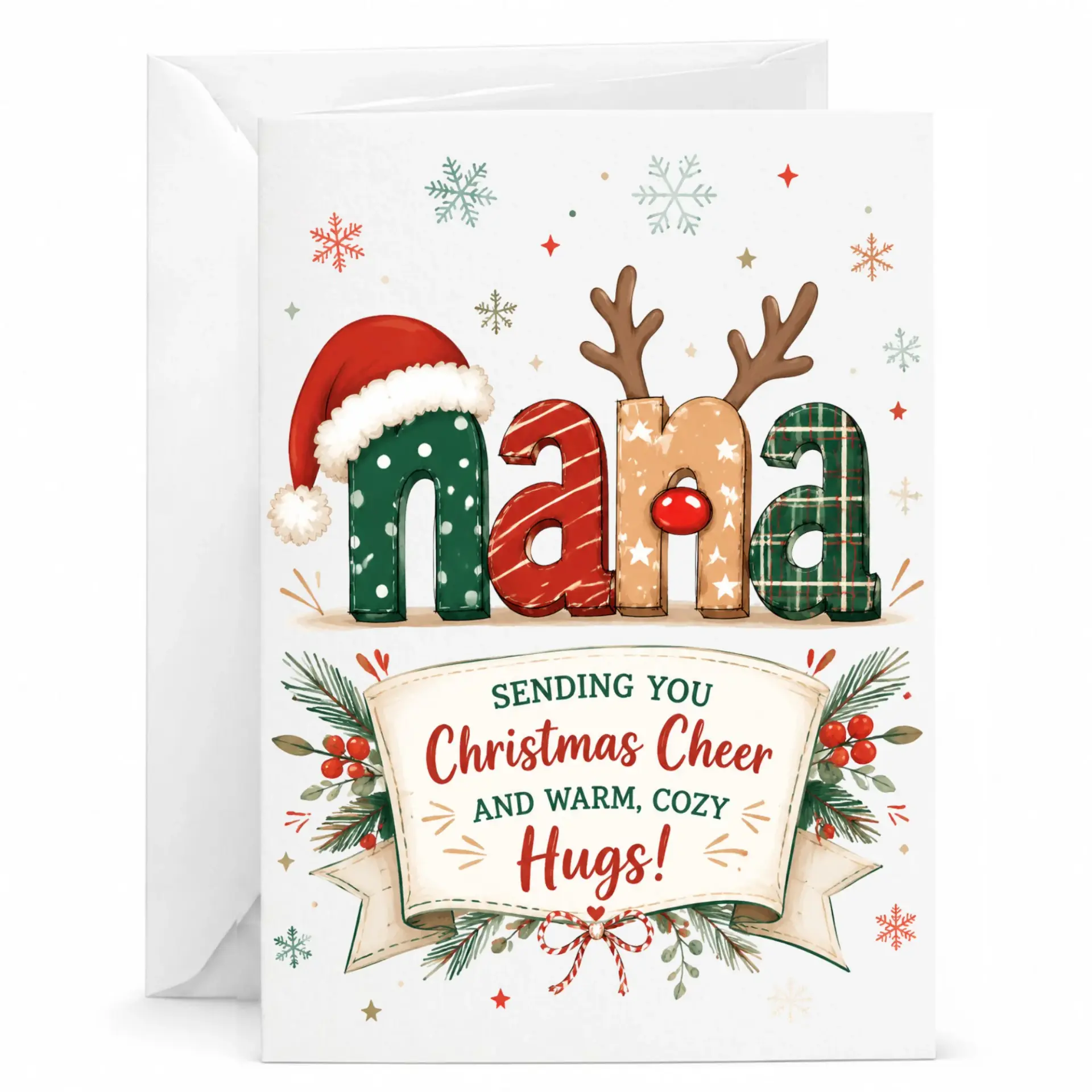 Christmas Greeting Card for Nana Holiday Note with Festive Reindeer Lettering and Winter Snowflake Design