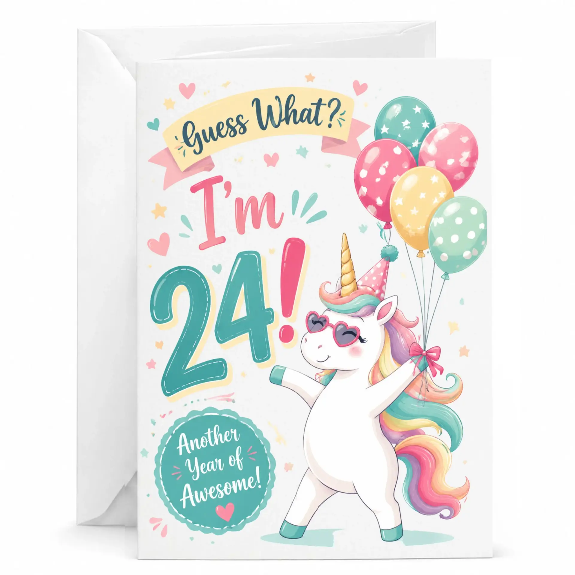 Birthday Card Funny Unicorn 24th Birthday Greeting Card for Her with Envelope Festive Magical Design for Milestone Age