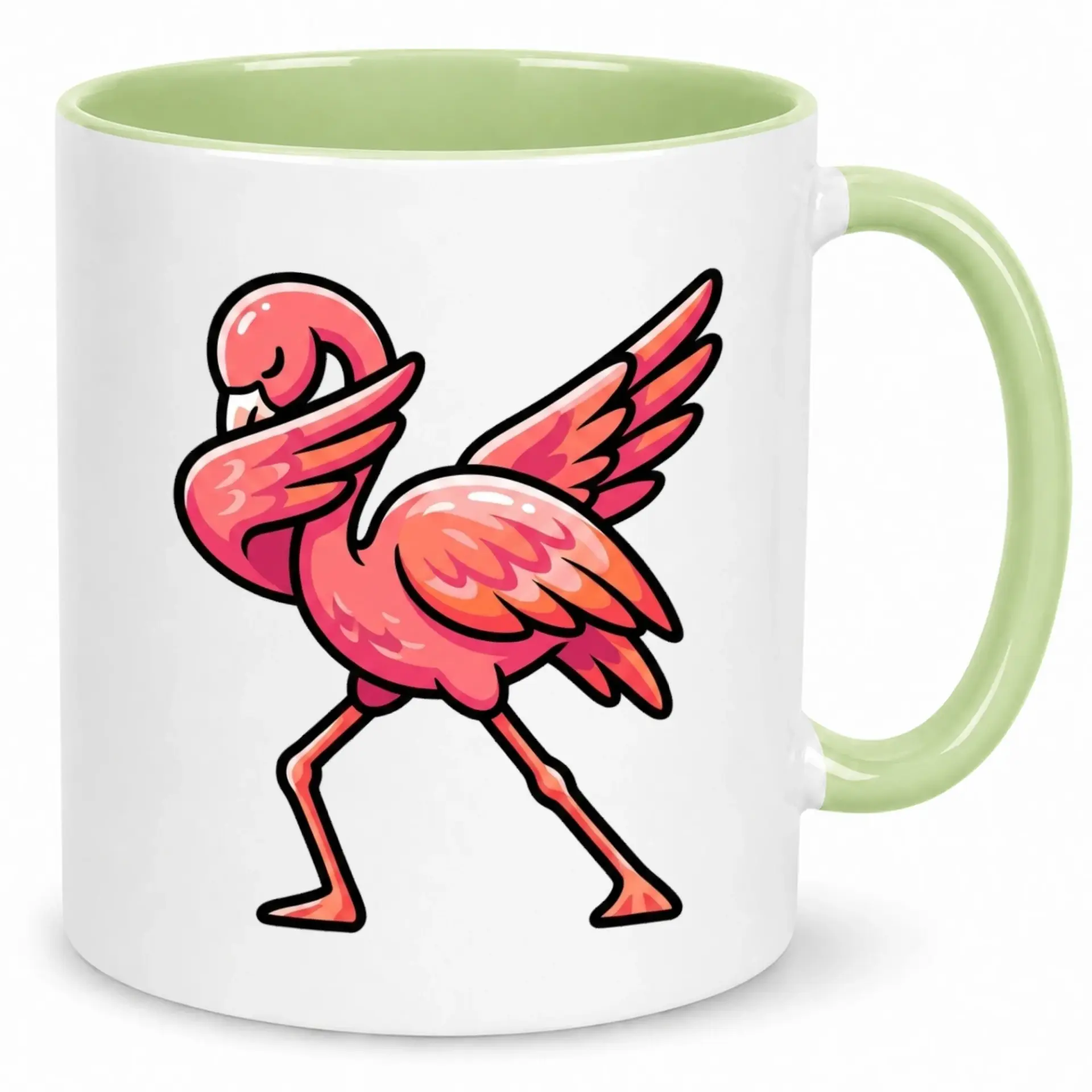 Funny Dabbing Flamingo Coffee Mug, Unique Green Handle Ceramic Cup for Tea and Hot Cocoa, 11oz or 15oz Drinkware Gift for Animal Lovers