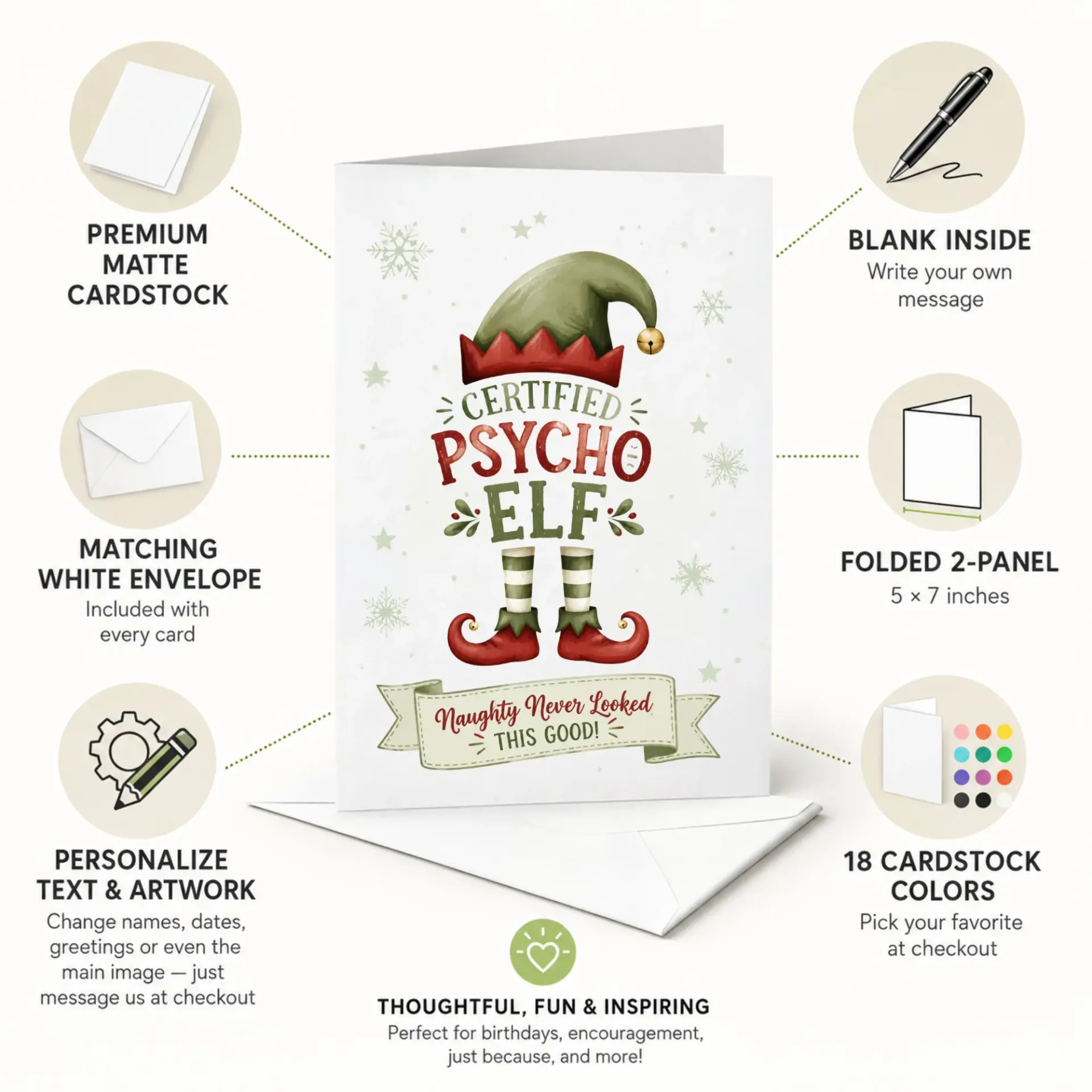 Funny Christmas Greeting Card Certified Psycho Elf Holiday Card for Friends and Family with Matching White Envelope