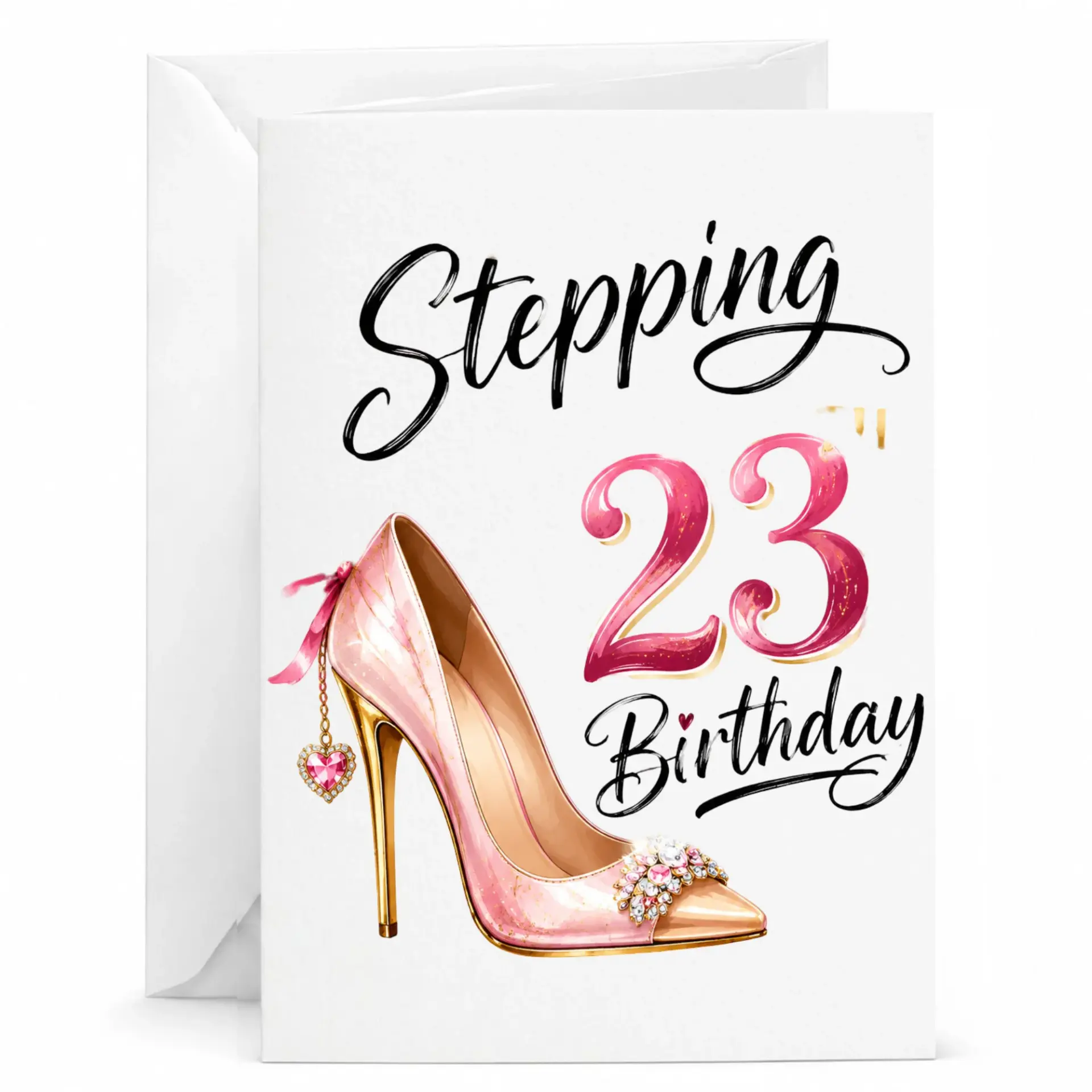 Birthday Card Stepping into 23 High Heel Design Elegant Fashionable Greeting Card for Her 5x7 Inches with White Envelope
