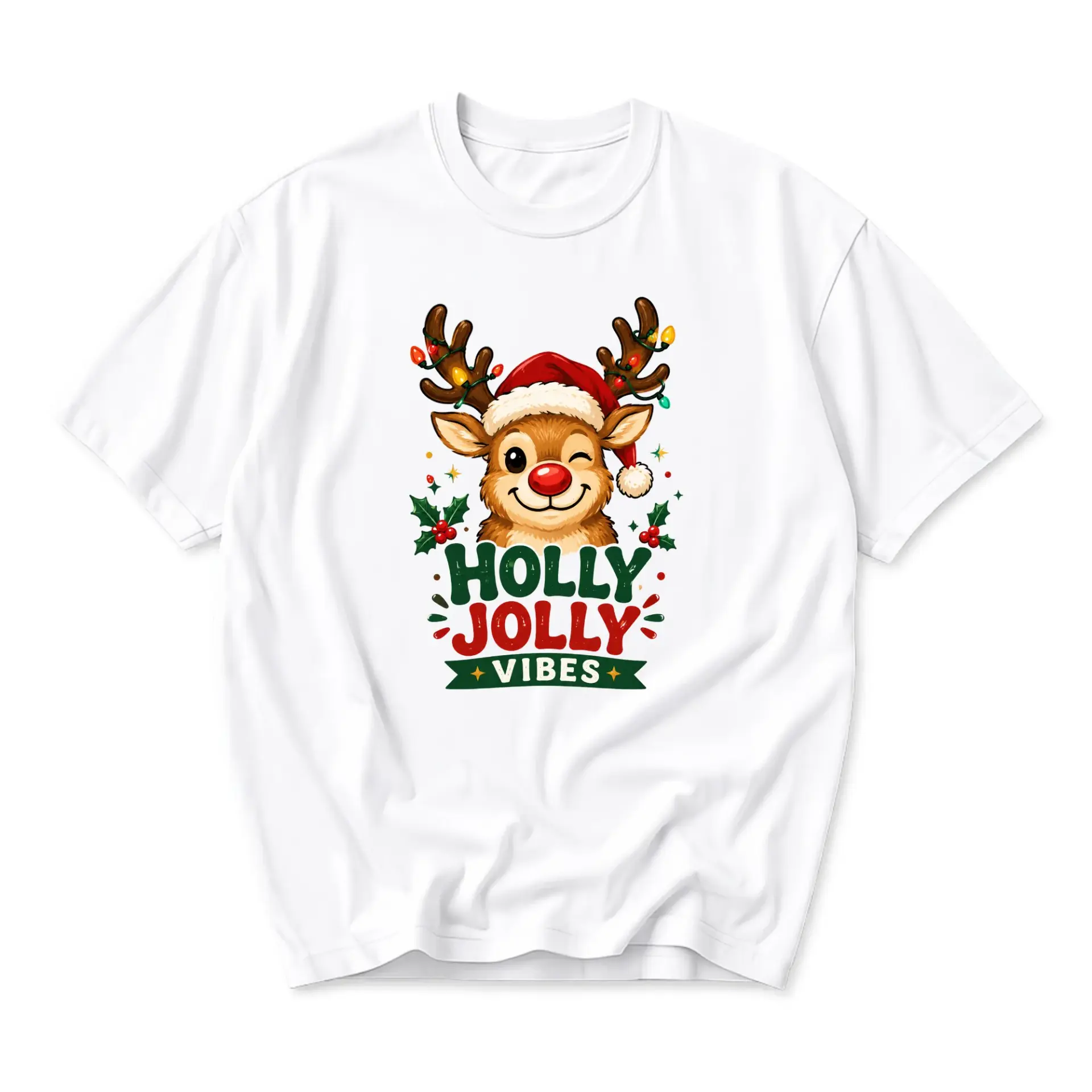 Graphic Tee Unisex Holly Jolly Vibes Reindeer Crew Neck Shirt Casual Holiday Apparel for Every Day Seasonal Style