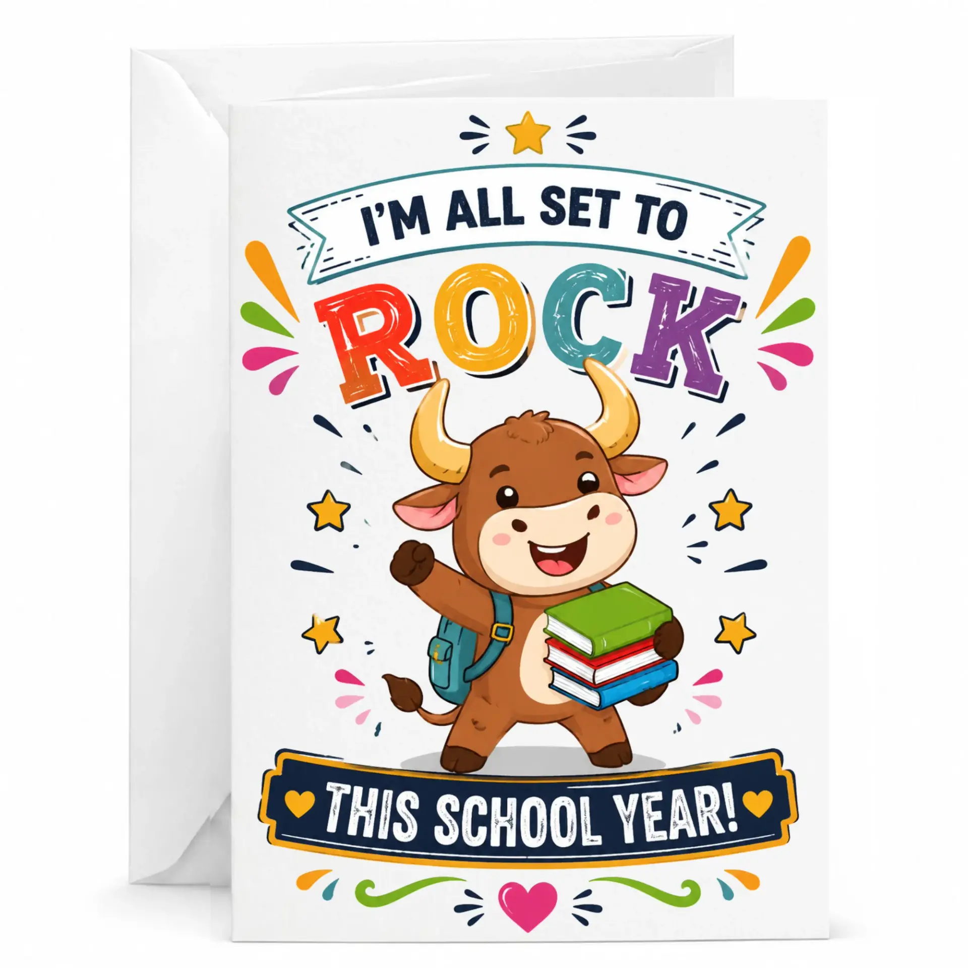 Greeting Card I Am All Set to Rock This School Year Featuring Cute Bull Character with Books and Design