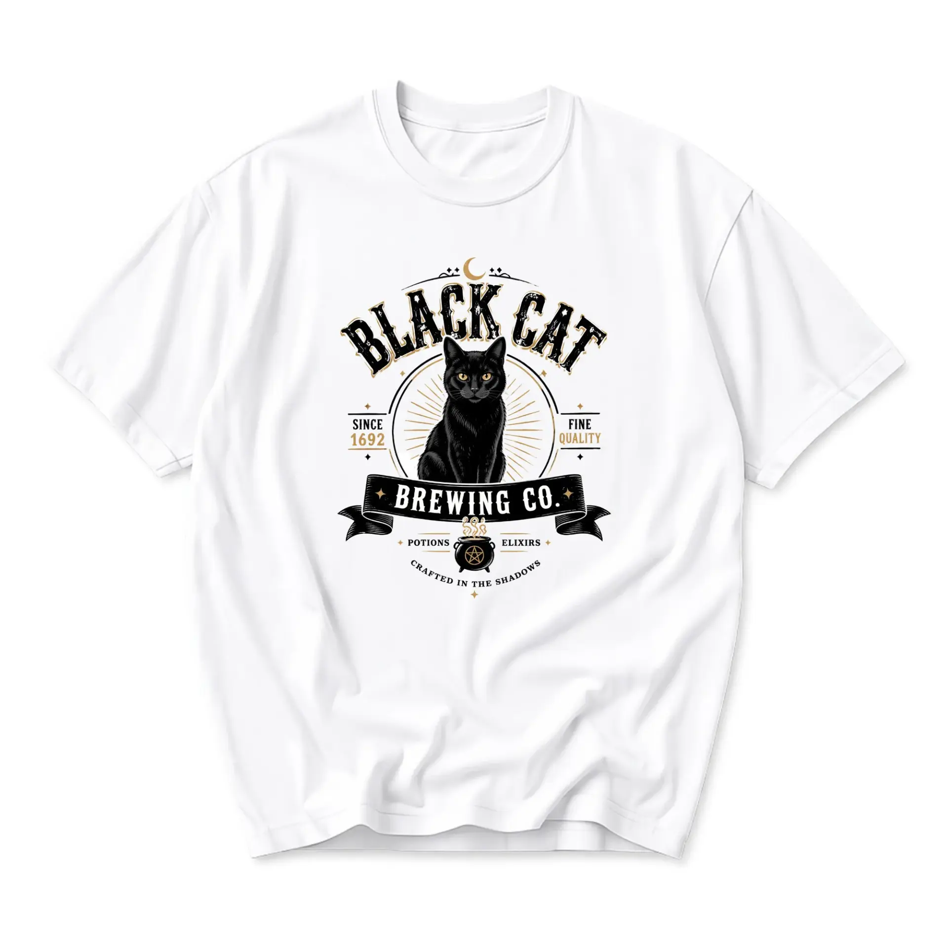 Graphic Tee Black Cat Brewing Co Vintage Style Illustration Unisex Crew Neck Soft Cotton Casual Apparel White