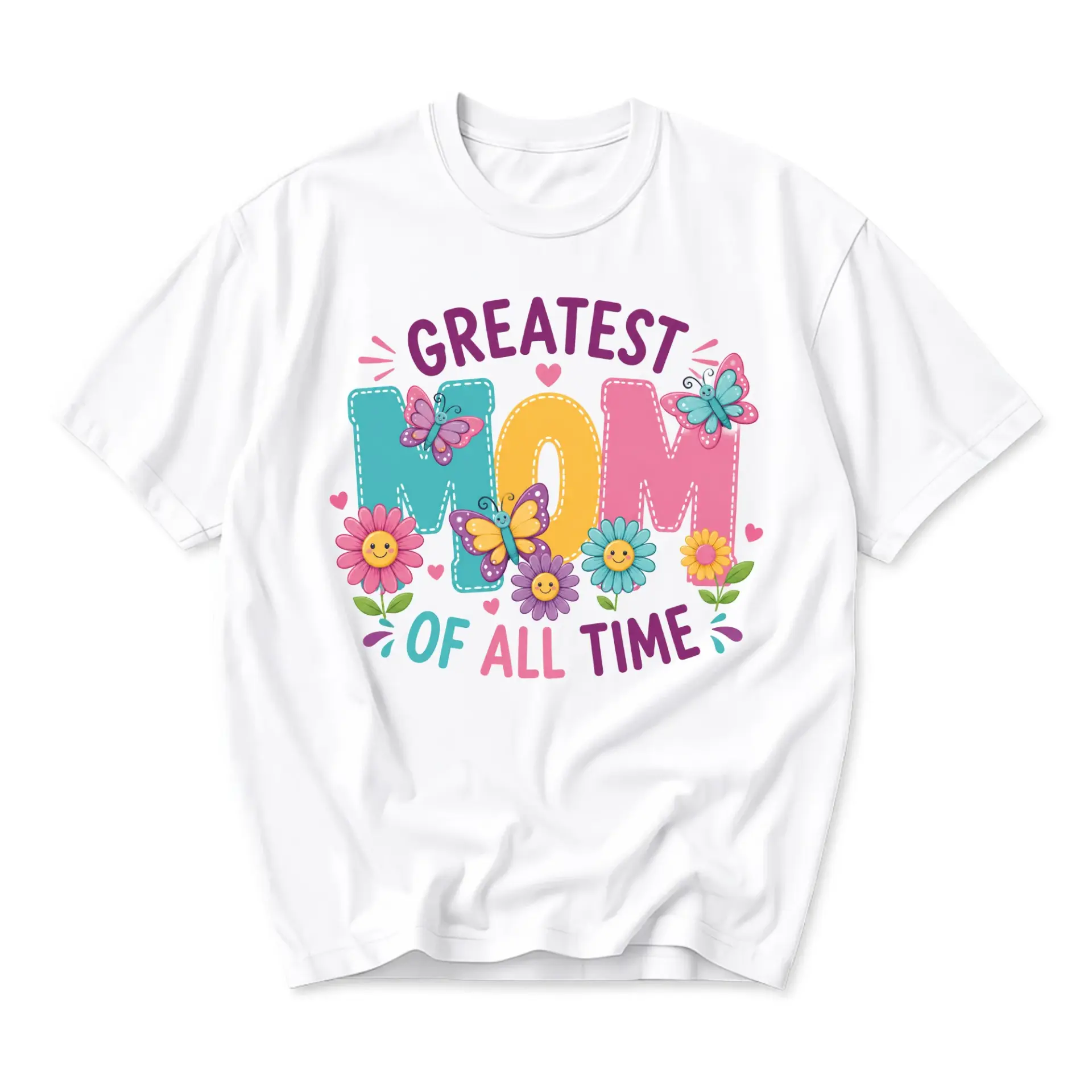 Graphic Tee Greatest Mom of All Time T-Shirt with Butterfly and Flower Illustration for Casual Everyday Wear