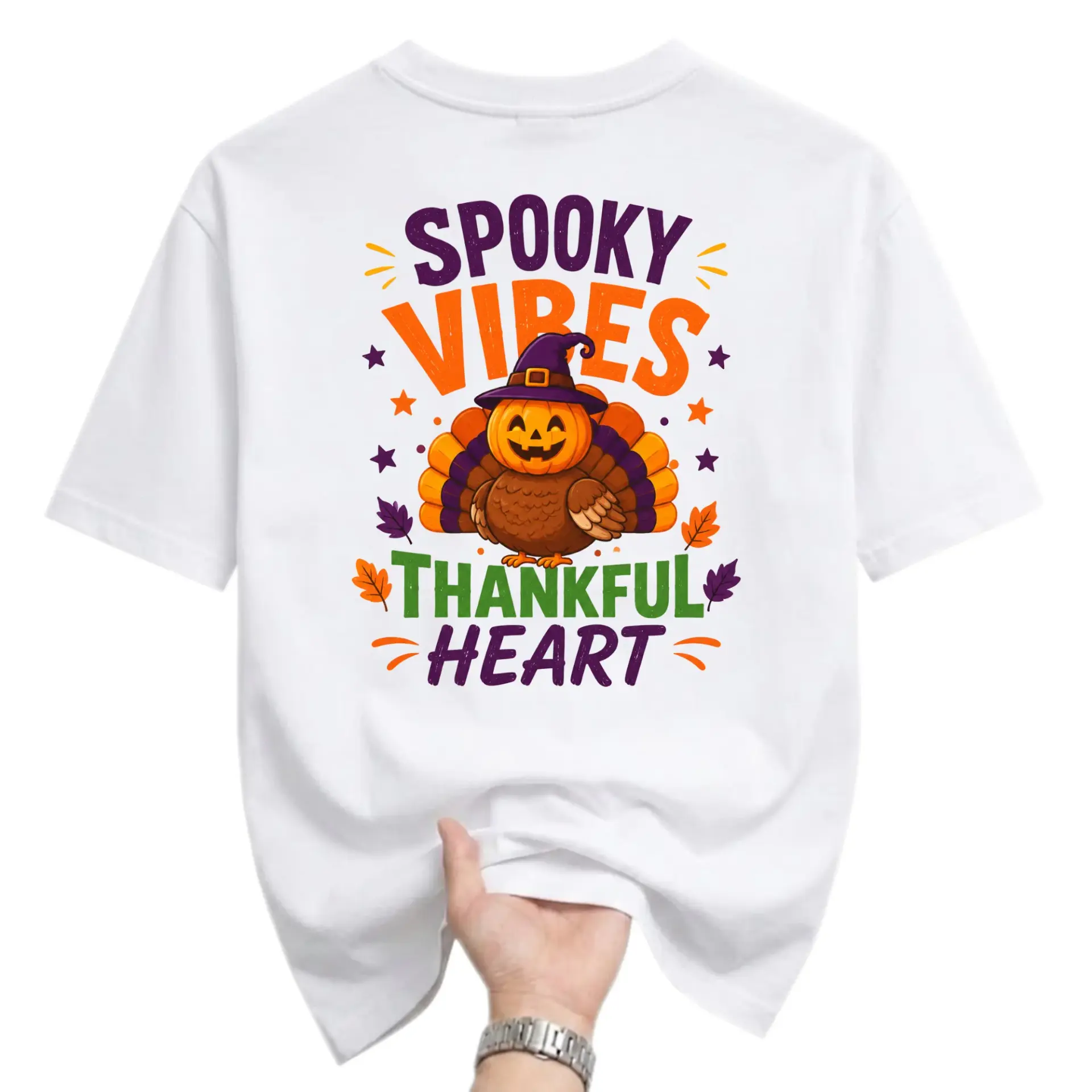 Funny Shirt Spooky Vibes Thankful Heart Thanksgiving Turkey Pumpkin Graphic Tee Unisex Casual Crew Neck T-Shirt