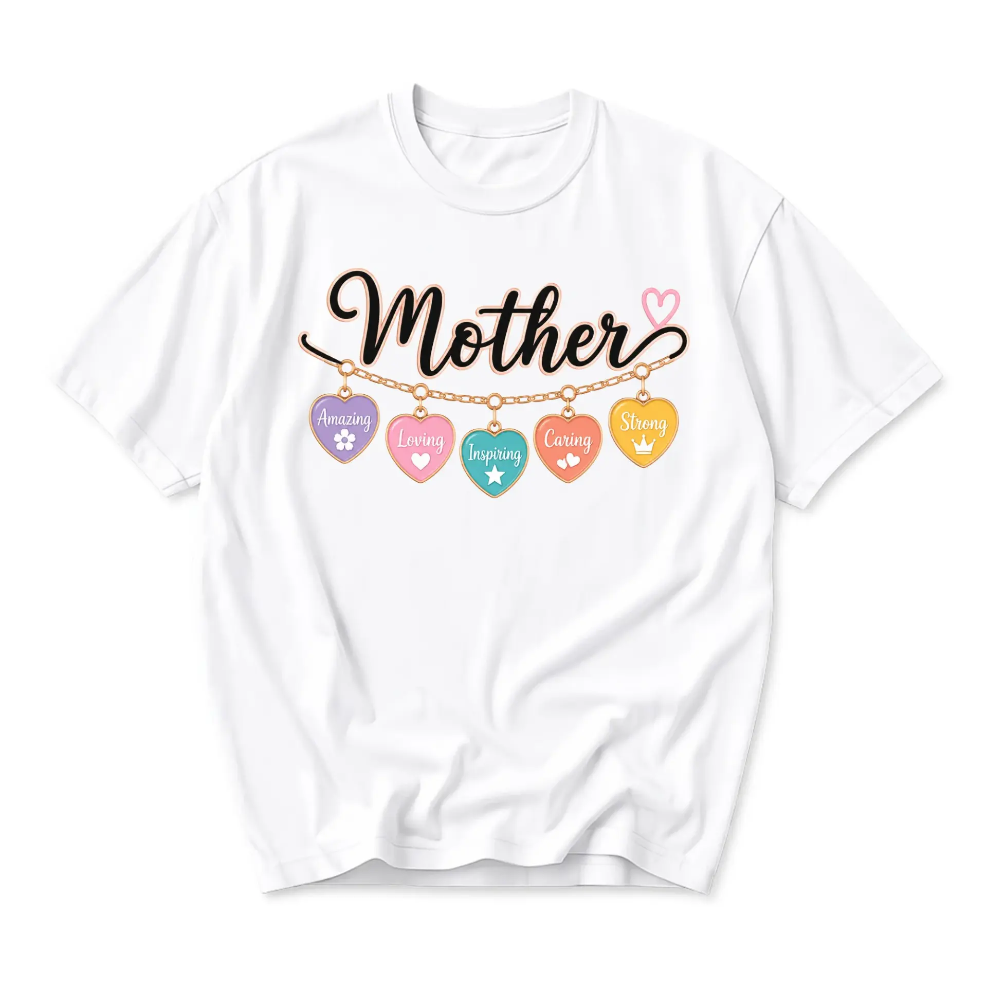 T-shirt Mother Graphic Tee Floral Heart Charm Necklace Print Casual Everyday Cotton Blend Crew Neck Apparel White