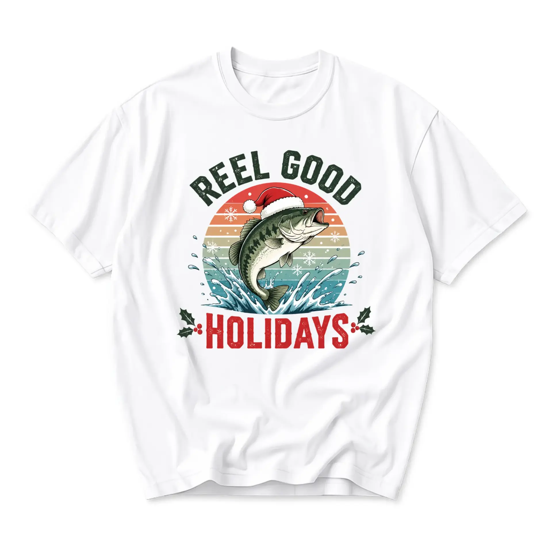 Funny Shirt Reel Good Holidays Graphic Tee Retro Fishing Christmas Design Unisex Casual Short Sleeve Crew Neck Top