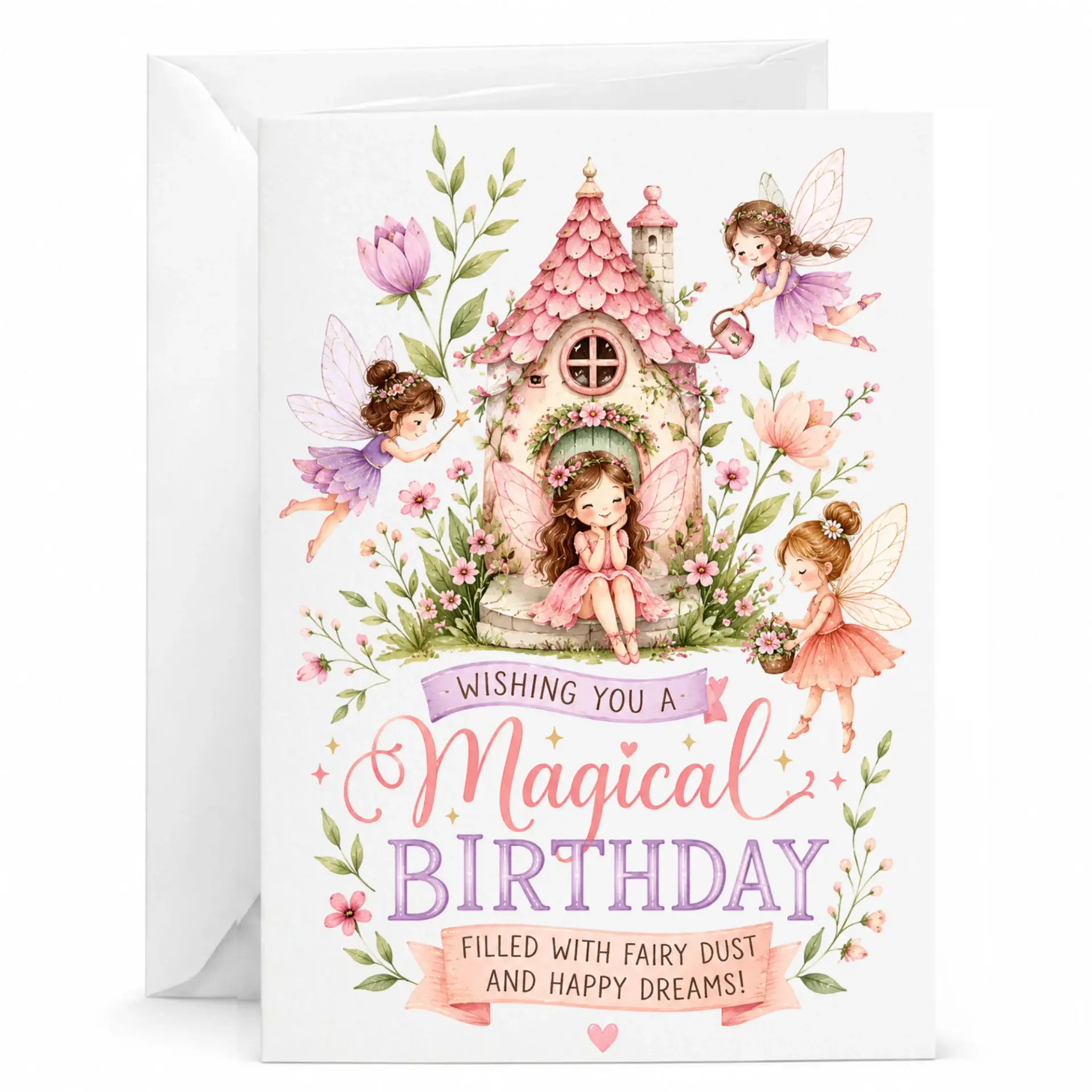 Magical Fairy Birthday Card Whimsical Forest Cottage Illustration for Special Celebrations and Greeting Needs