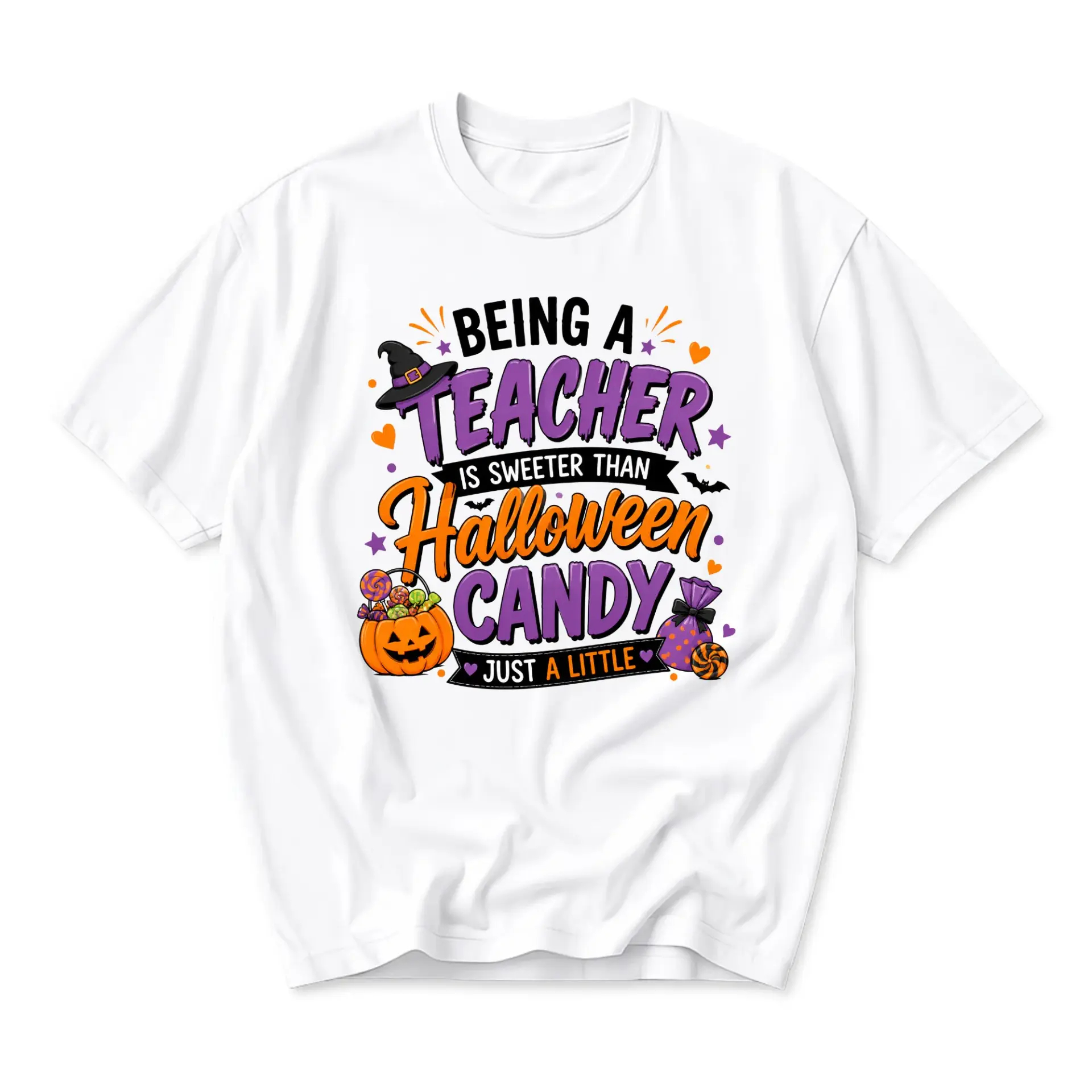 Funny Shirt Being a Teacher Is Sweeter Than Halloween Candy Graphic Tee Unisex Casual Apparel for Autumn Holiday Season