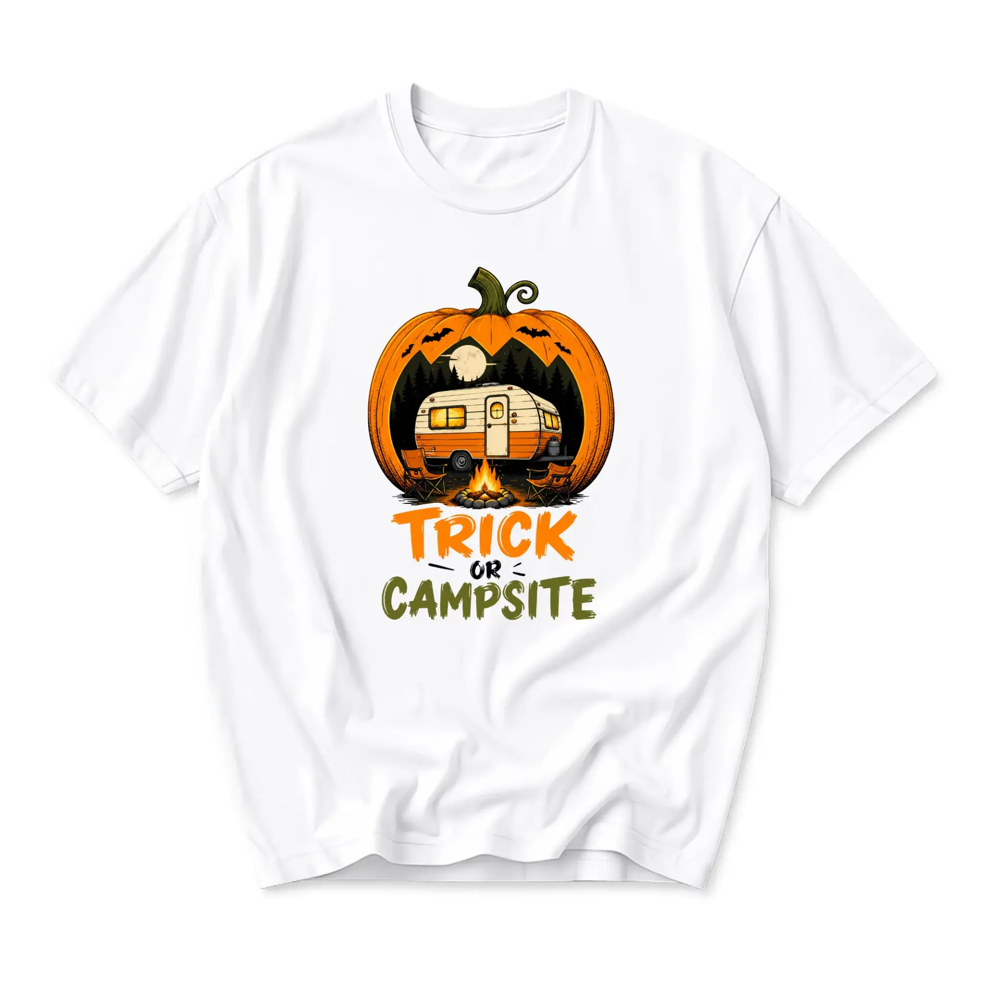 Graphic Tee Trick or Campsite Pumpkin Camper Shirt Funny Fall Seasonal Camping Top Unisex Casual Short Sleeve Apparel