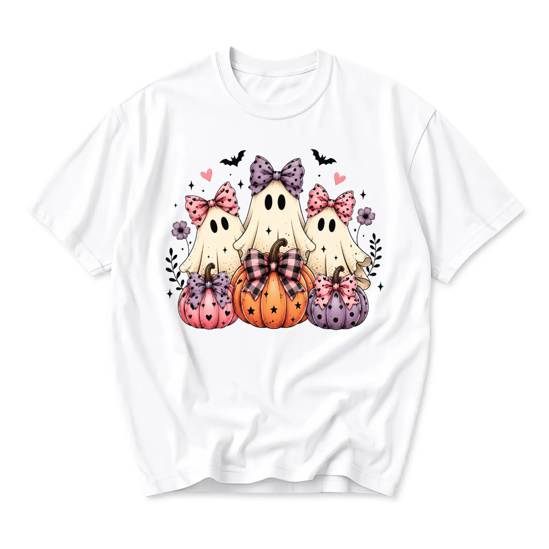 Graphic Tee Cute Ghosts and Pumpkins Fall Season Apparel Unisex Crew Neck Short Sleeve Soft Casual Cotton Blend Shirt