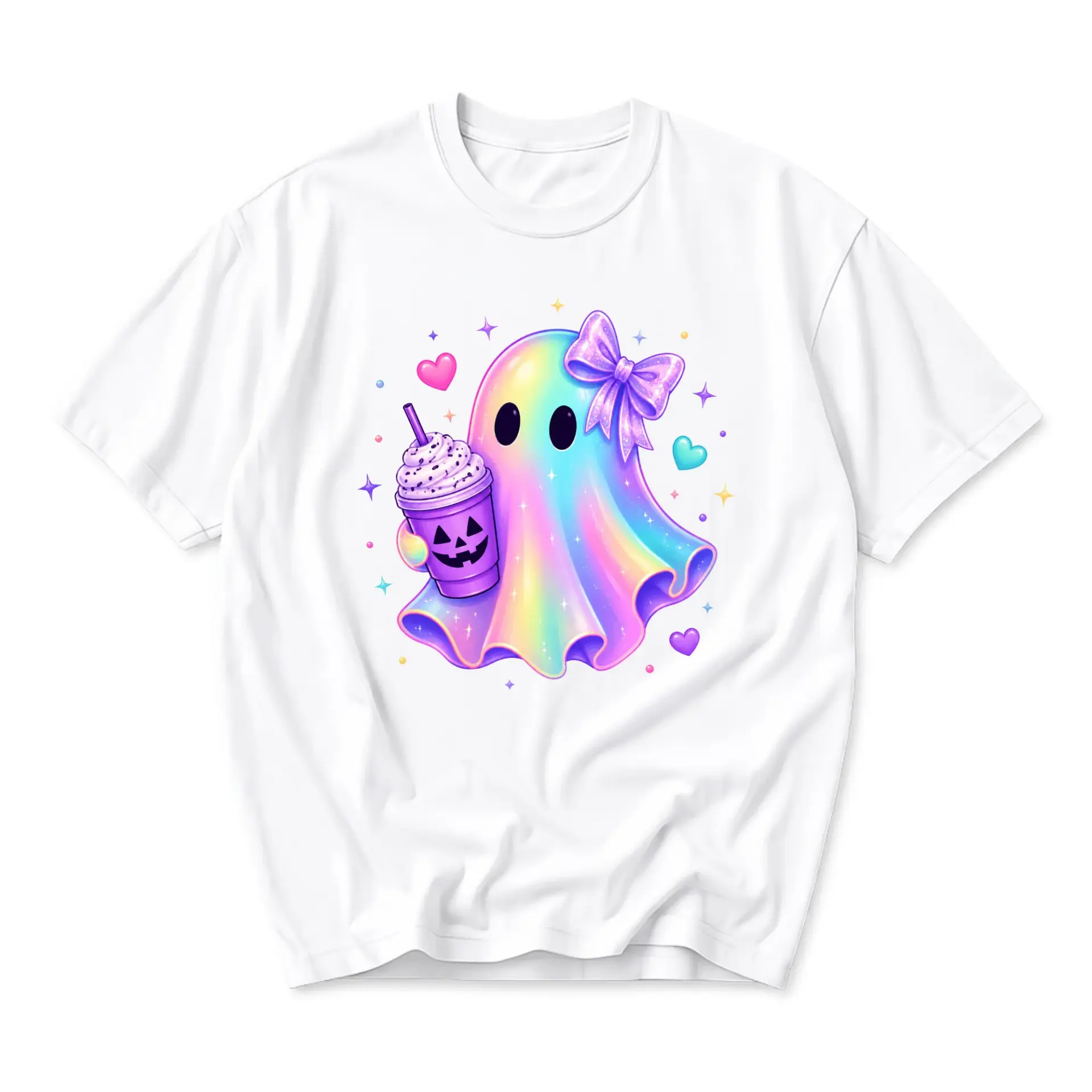 Graphic Tee Rainbow Ghost Drinking Latte Soft Unisex Crew Neck Casual Everyday Short Sleeve Cotton Apparel