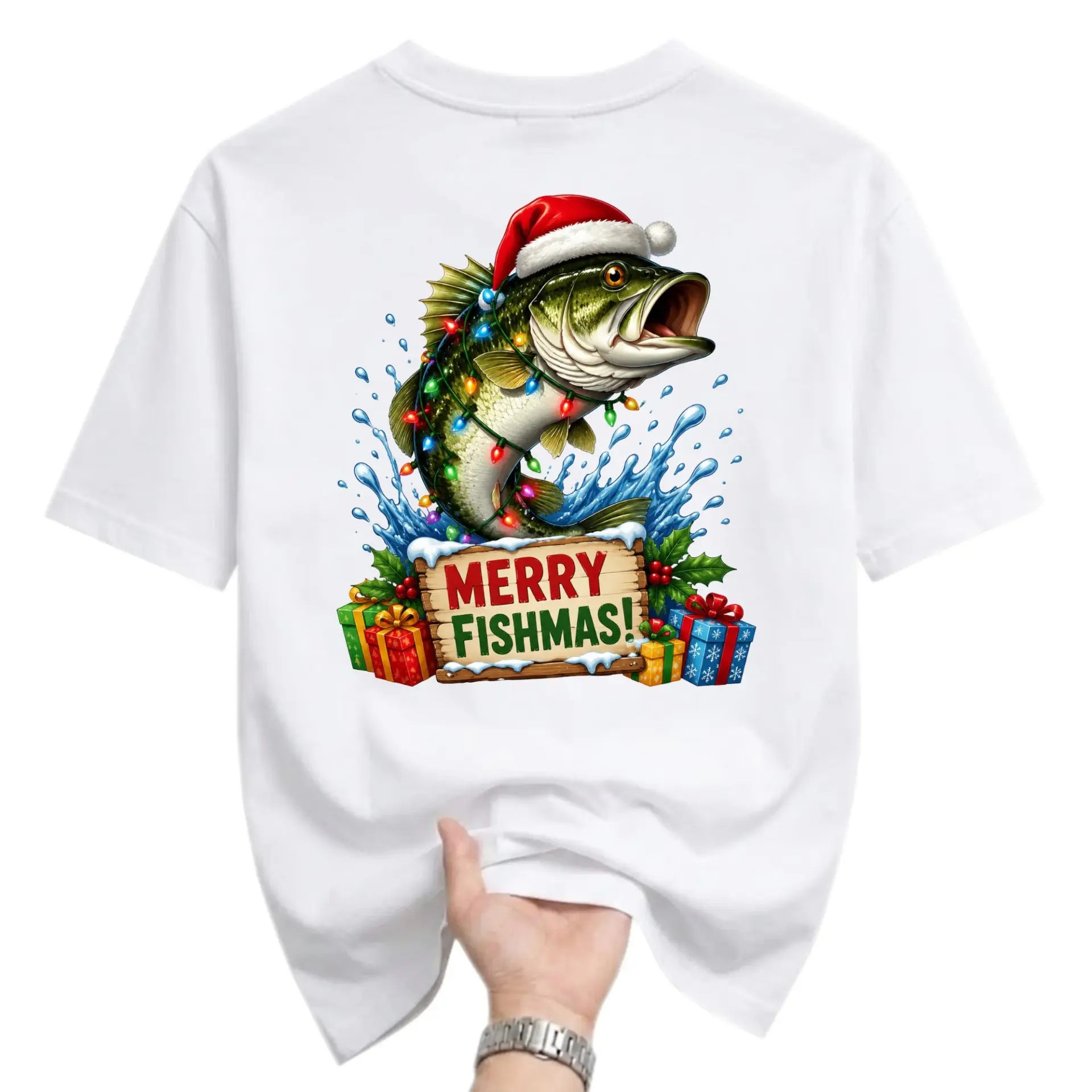 Funny Shirt Merry Fishmas Holiday Graphic Tee Featuring a Fish with Santa Hat and Christmas Lights Festive Apparel