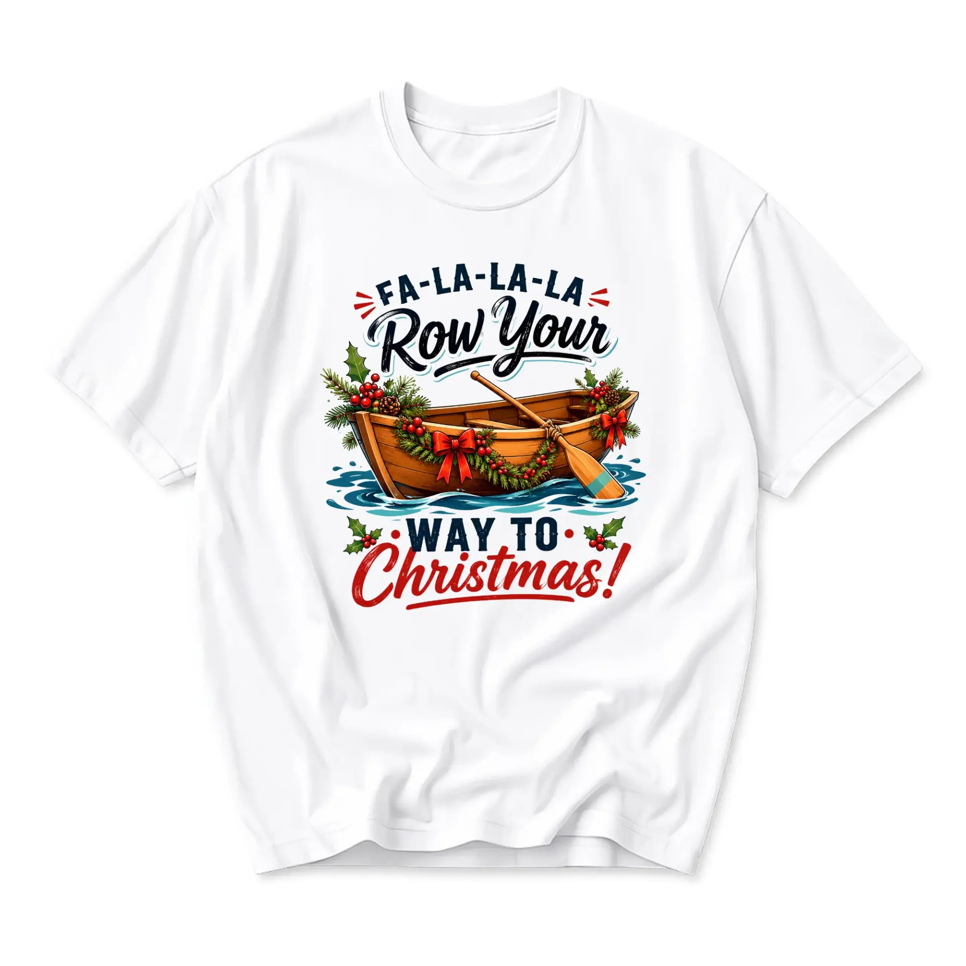 Funny Shirt Christmas Rowing Boat Graphic Tee Unisex Crew Neck Holiday Apparel for Men and Women Casual Seasonal Top