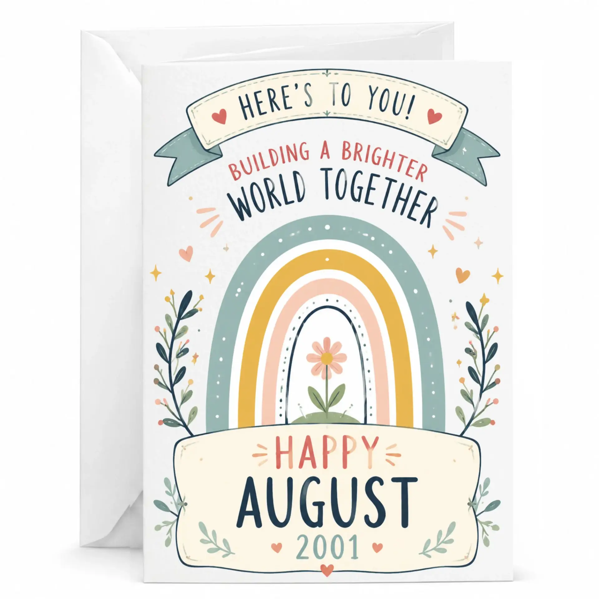 Happy August 2001 Greeting Card, Nostalgic Birthday Card with Boho Rainbow Illustration, Blank Folded Note Card for Friends
