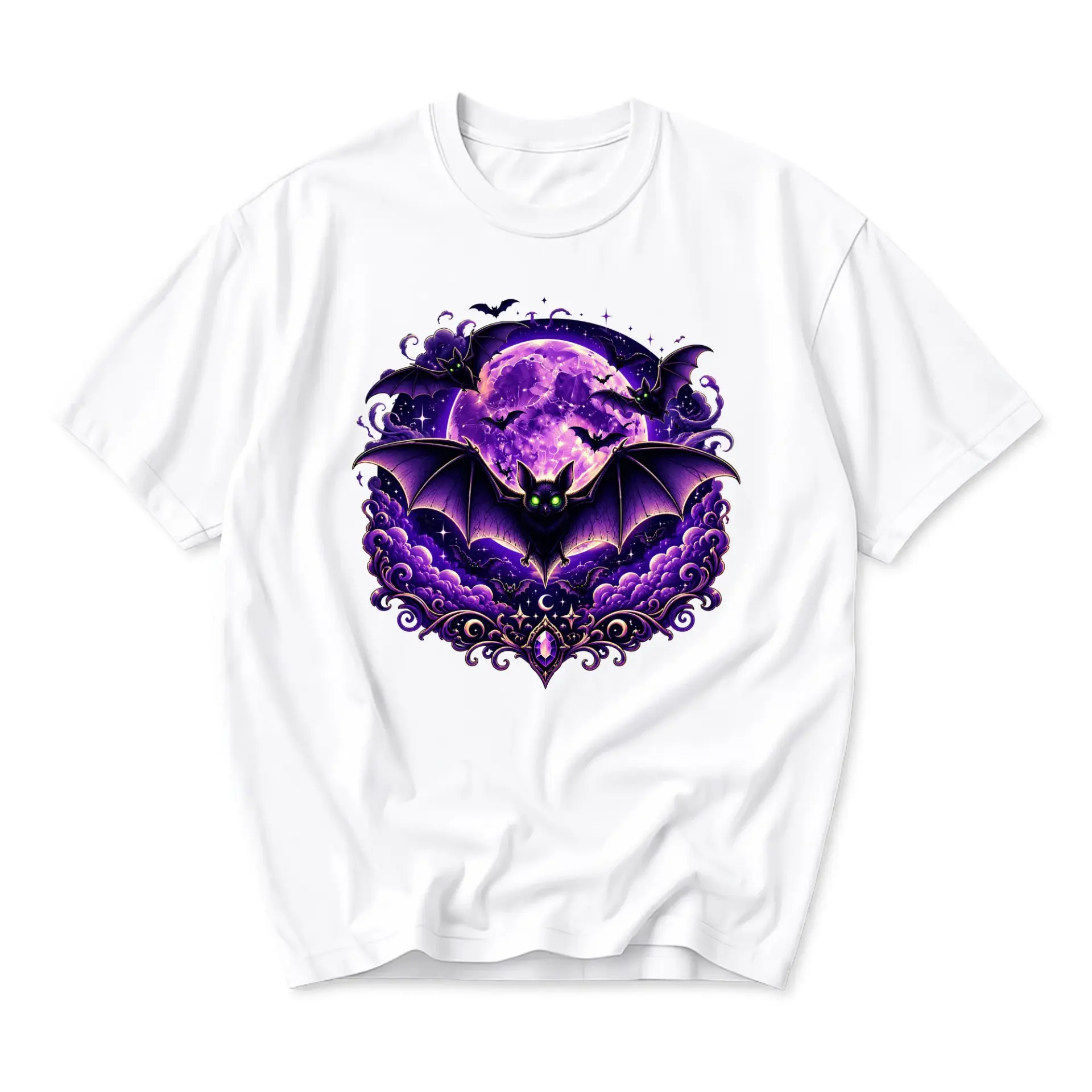 Graphic Tee Unisex Crew Neck T-Shirt Featuring Mystical Bat and Purple Moon Celestial Night Sky Illustration White