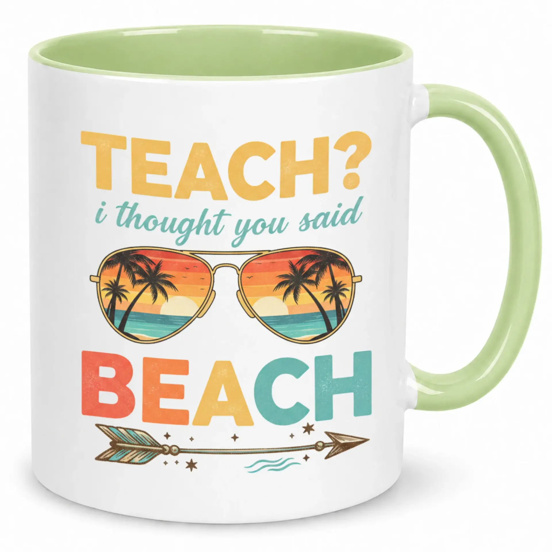 Funny Teacher Coffee Mug with Humorous Beach Vacation Theme Ceramic Drinkware Cup Green Handle and Interior 11 Oz or 15 Oz