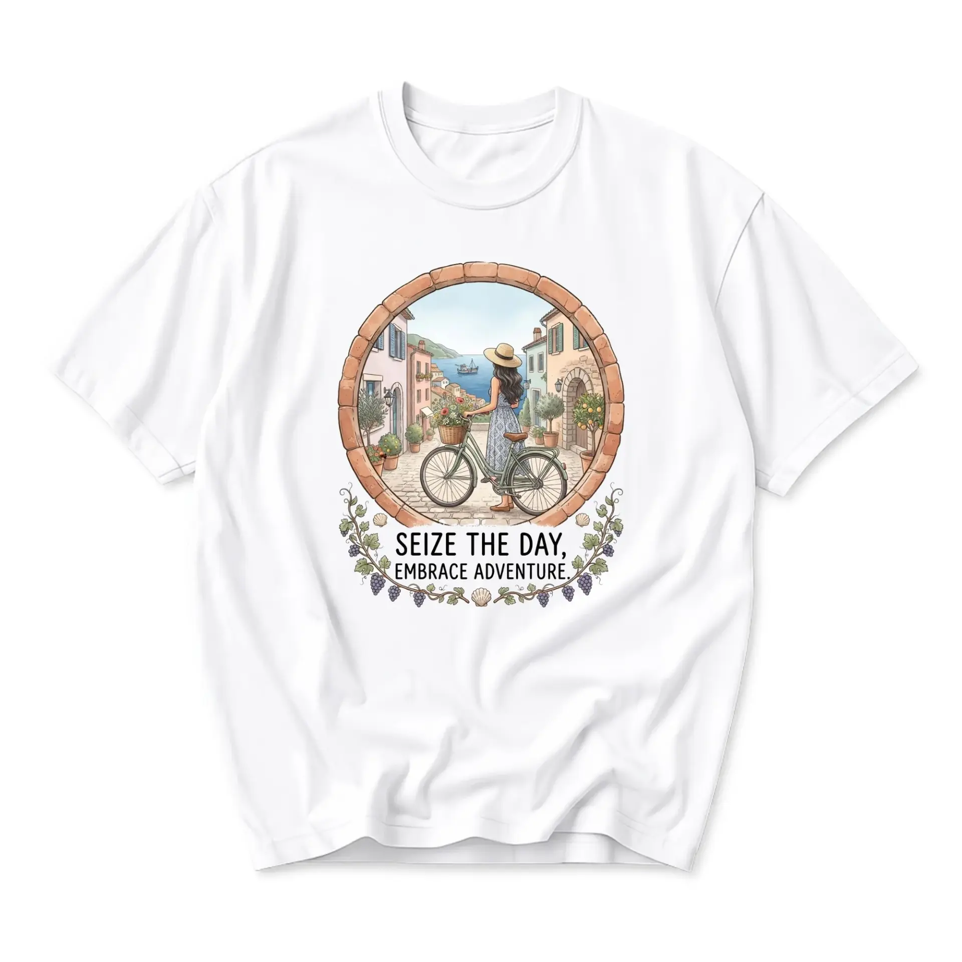 Graphic Tee Seize the Day Embrace Adventure Italian Coastal Village Scene Unisex Crew Neck Short Sleeve T-Shirt