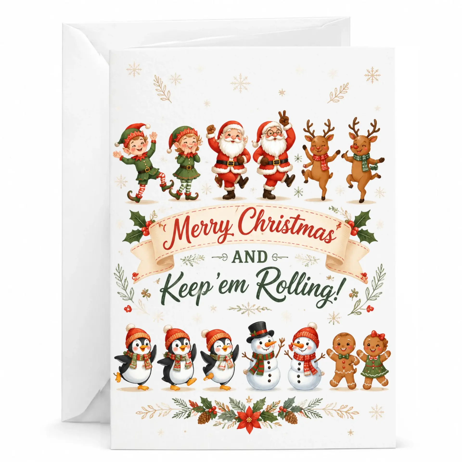 Funny Merry Christmas Card with Dancing Holiday Characters, Festive Greeting Card for Seasonal Celebration and Joy