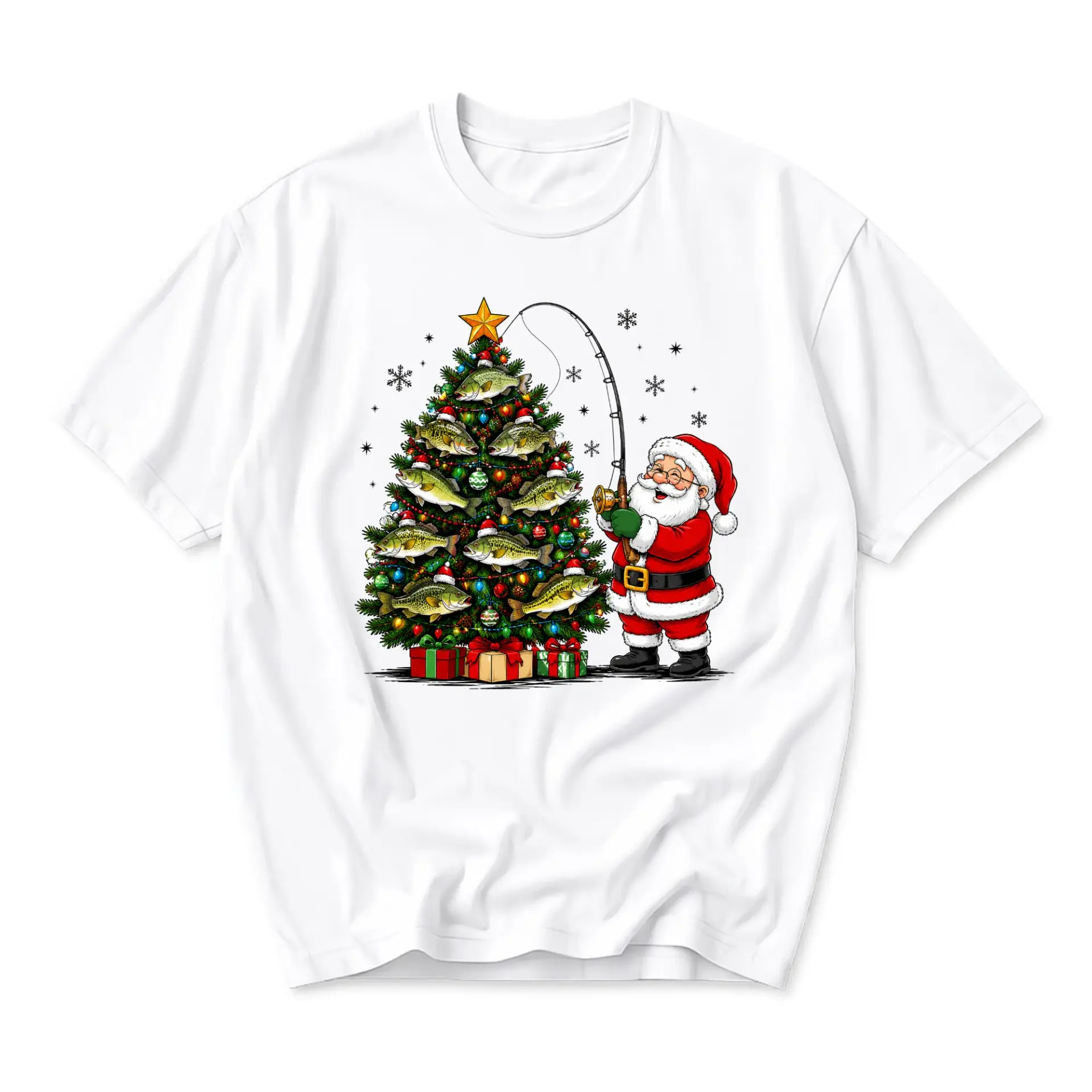 Graphic Tee Santa Fishing Christmas Tree Funny Holiday Unisex T-Shirt Seasonal Festive Everyday Casual Apparel