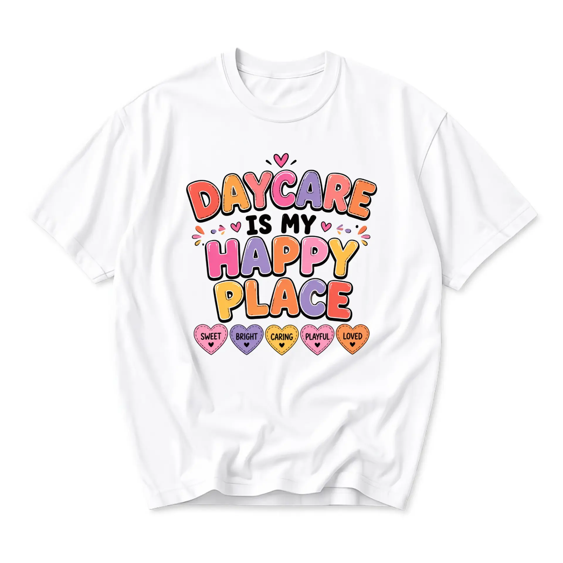 Funny Shirt Daycare Is My Happy Place Graphic Tee Retro Aesthetic Unisex Crew Neck Casual Cotton Blend Top