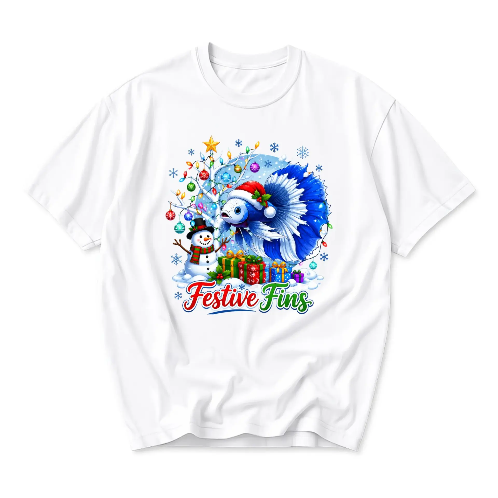 Funny Shirt Festive Fins Holiday Fish Graphic Tee Featuring Snowman and Colorful White Cotton Fabric