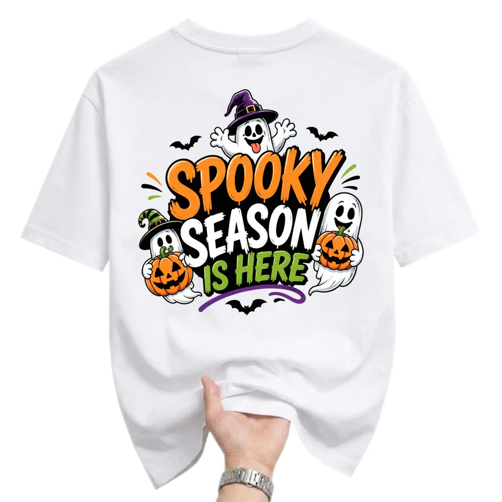 Funny Shirt Spooky Season Is Here Halloween Graphic Tee Unisex Crew Neck Short Sleeve Casual Cotton Blend Top White