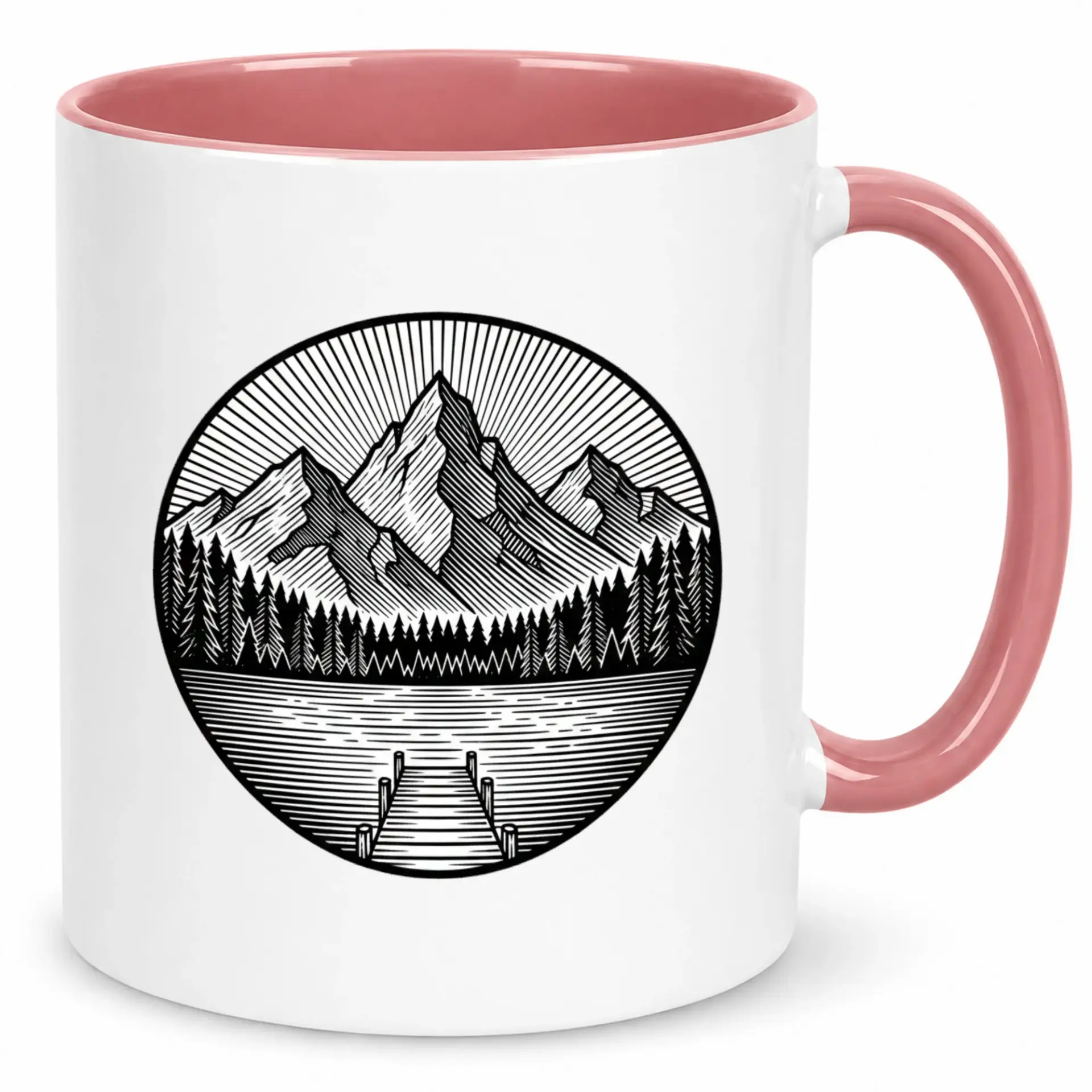 Ceramic Coffee Mug with Rustic Mountain Lake and Forest Dock Scene, Vintage Style Nature Landscape Drinkware for Home or Office