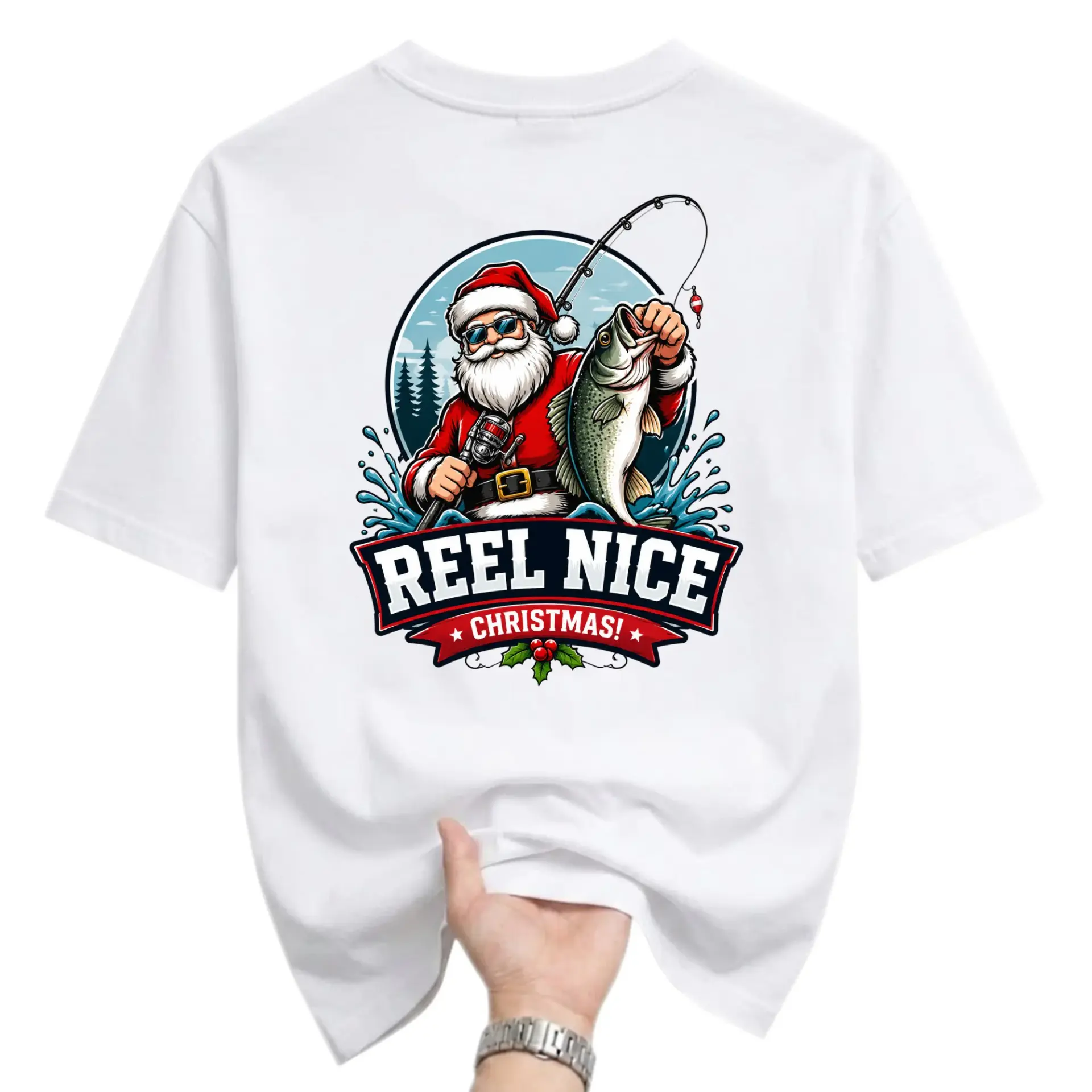 Funny Shirt Reel Nice Christmas Fishing Santa Graphic Tee Unisex Casual