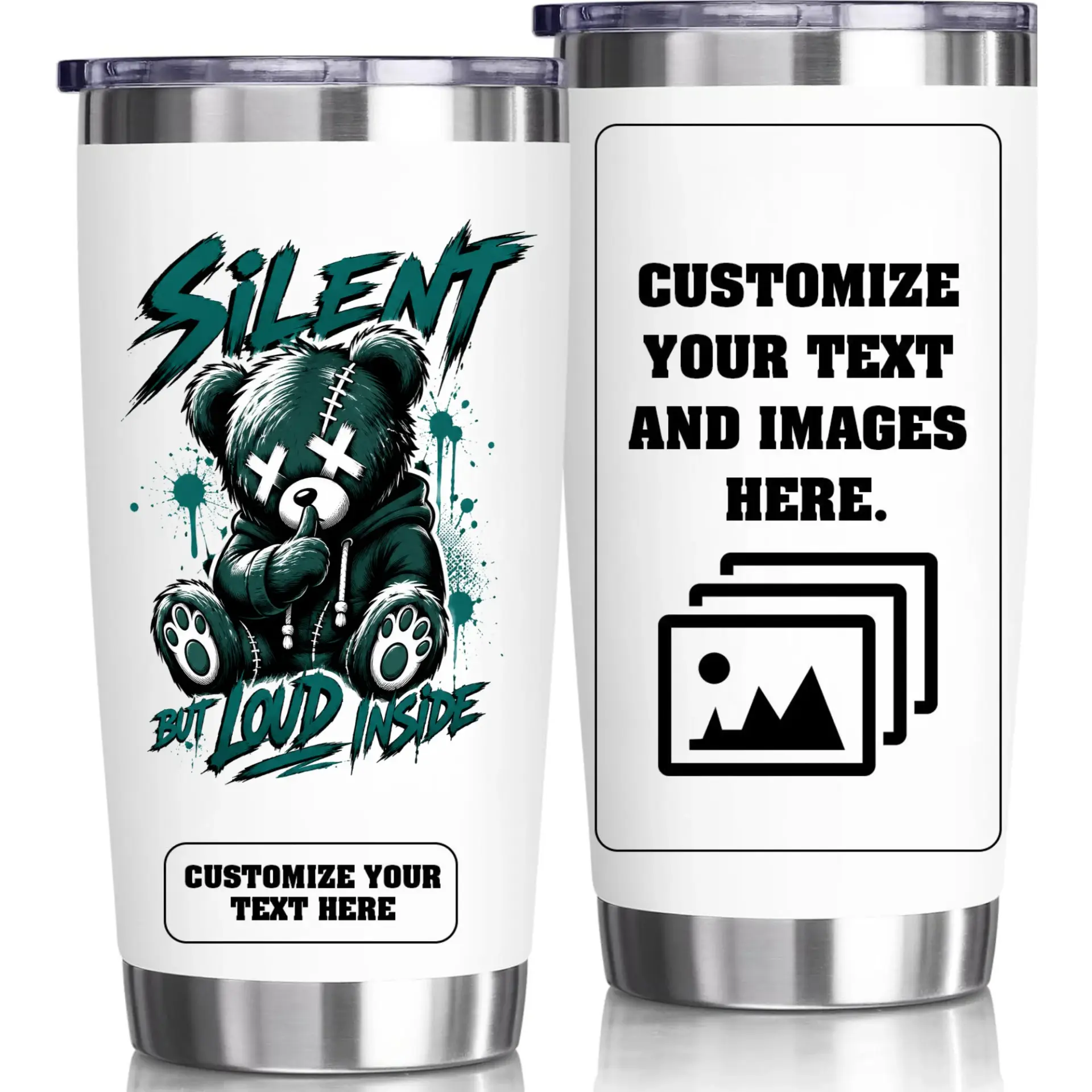 Risk: the Product Image Contains Placeholder Text Indicating That the Design Is a Customizable Template for Third-Party Images and Content, Rather Than a Finished Product Design.