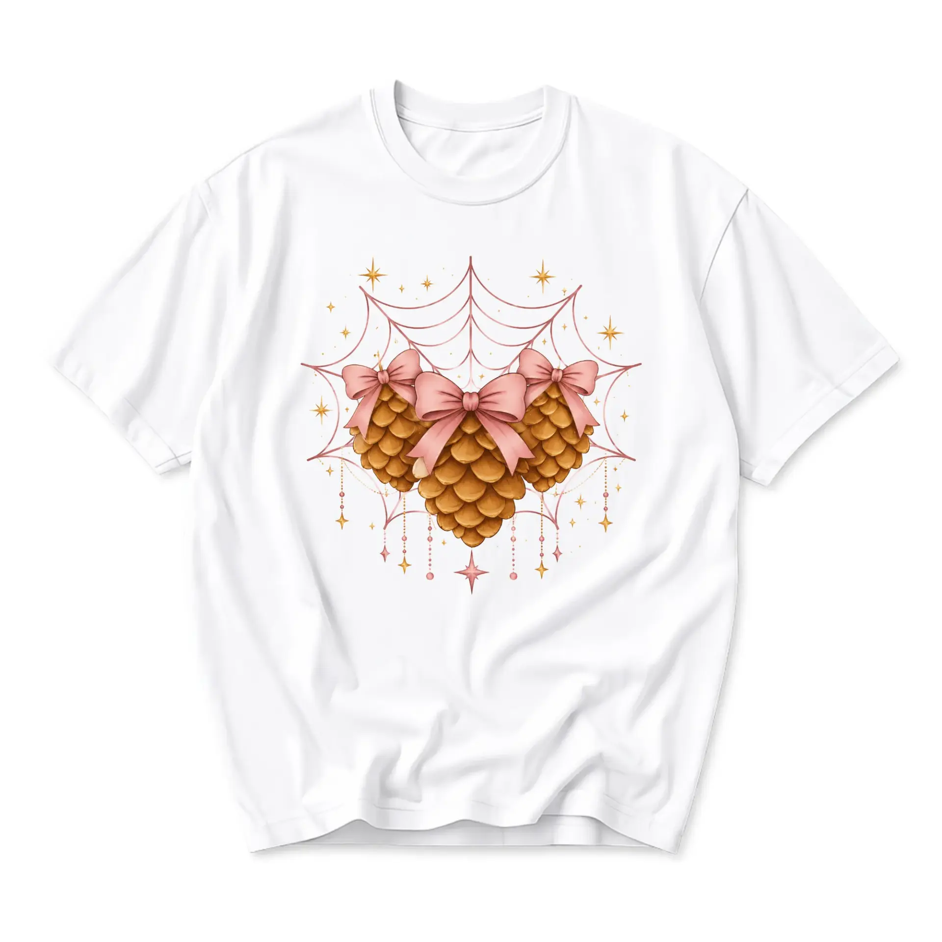 Graphic Tee Pine Cone Bow Web Print Unisex Crew Neck Cotton Blend T-Shirt for Casual Everyday Wear and Seasonal Style