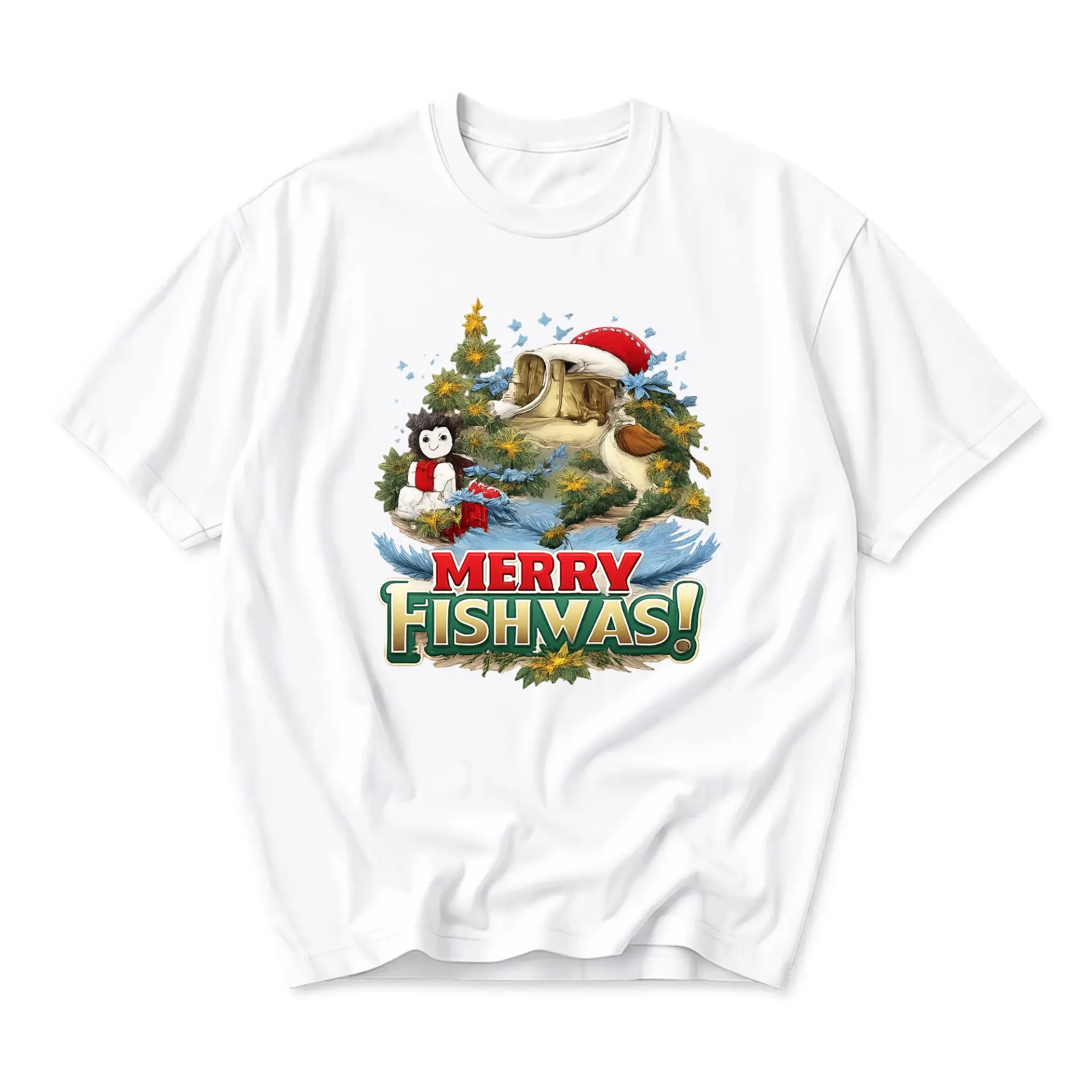 Funny Shirt Merry Fishmas Holiday Graphic Tee Casual Unisex Crew Neck Cotton Blend Soft Comfortable Short Sleeve Top