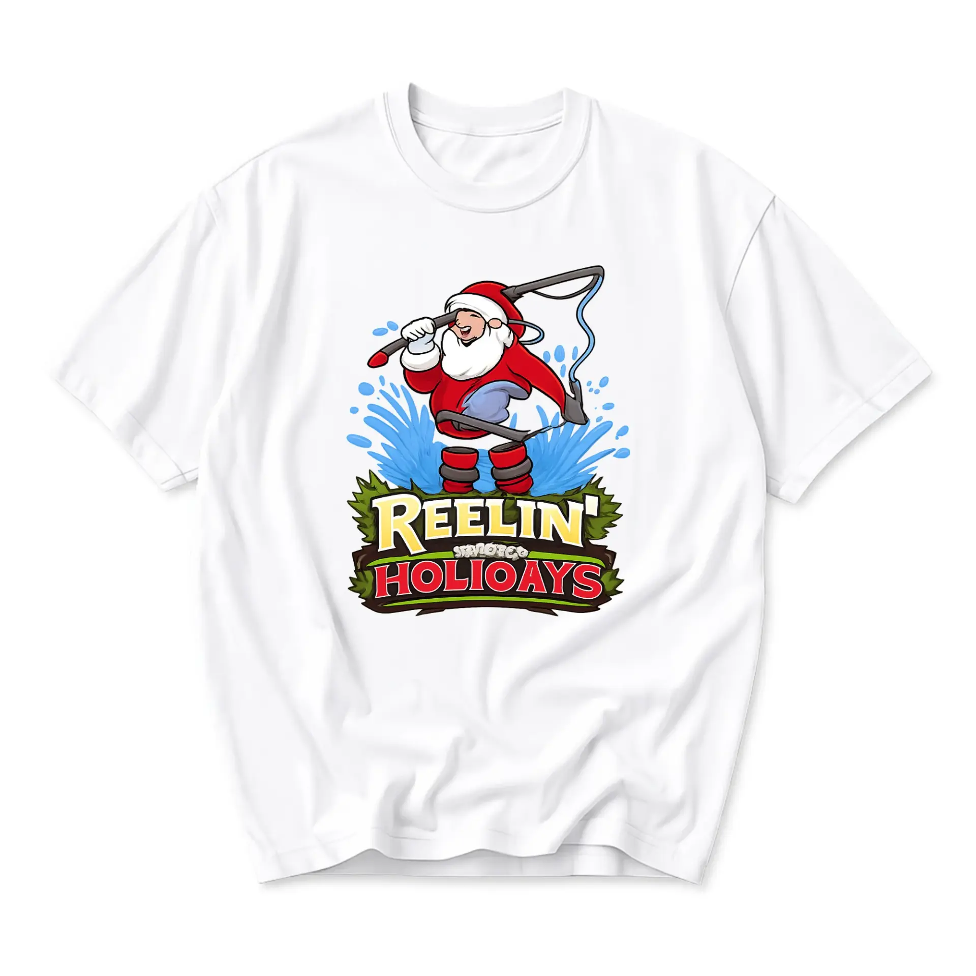 Funny Shirt Reelin Holioays Santa Fishing Graphic Tee Casual Unisex Crew Neck Holiday Cotton Blend