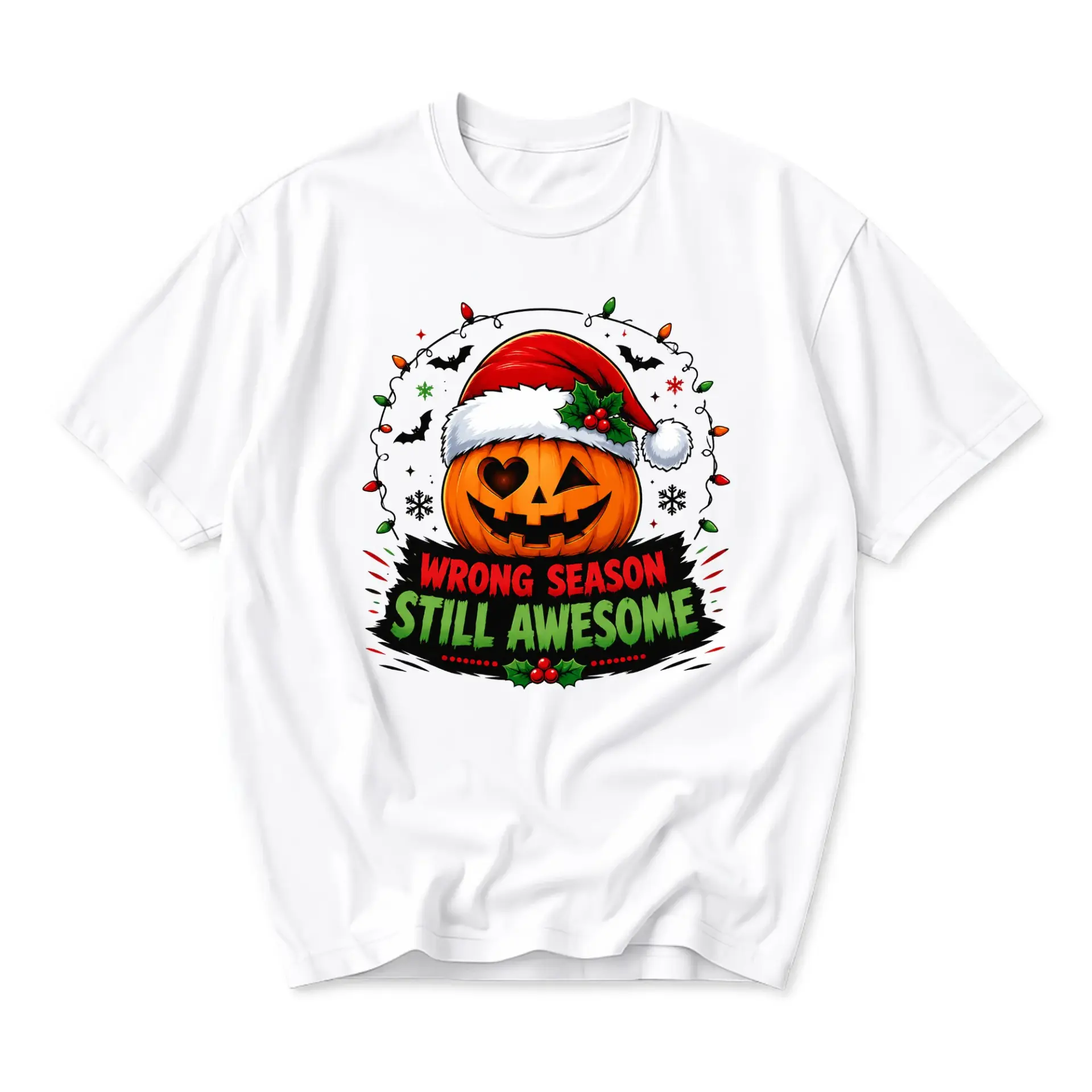 Funny Shirt Unisex Graphic Printed T-Shirt Wrong Season Still Awesome Holiday Pumpkin Seasonal Humor Apparel