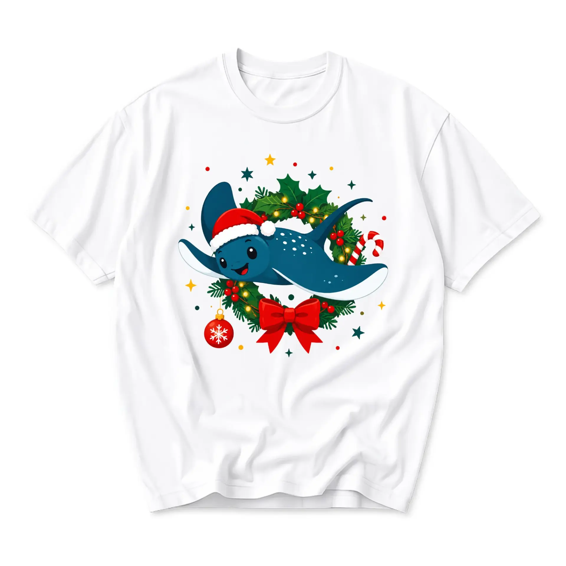 Graphic Tee Featuring a Festive Stingray Wearing a Santa Hat Surrounded by