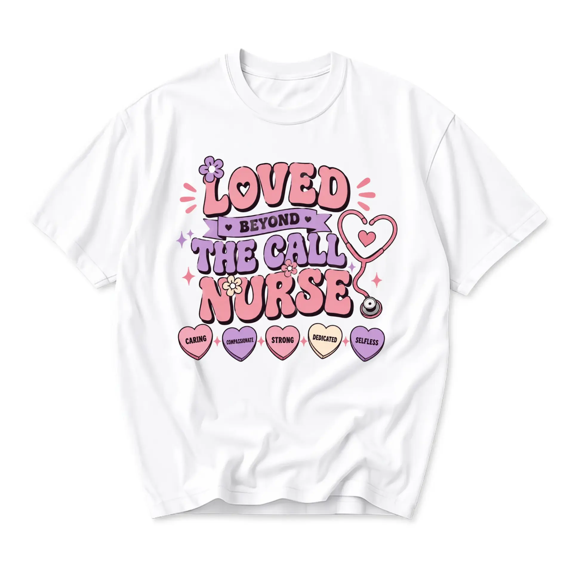 Graphic Tee Loved Beyond the Call Nurse Shirt Retro Nursing Heart Stethoscope Design Casual Unisex Cotton Crew Neck