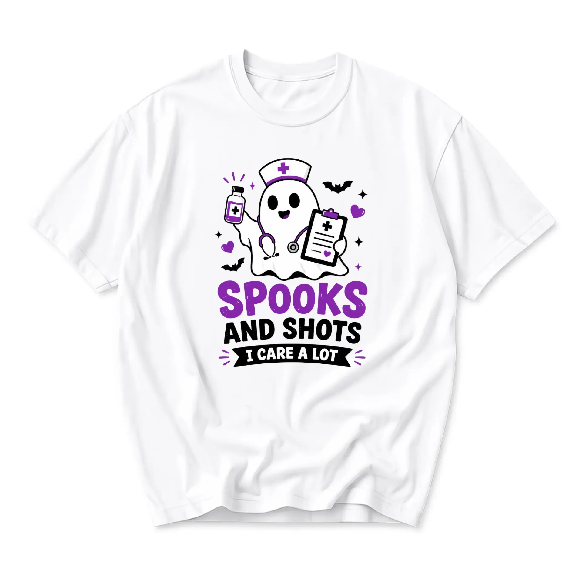 Funny Shirt Spooks and Shots I Care a Lot Unisex Graphic Printed T-Shirt Featuring a Cute Ghost Nurse Halloween Design