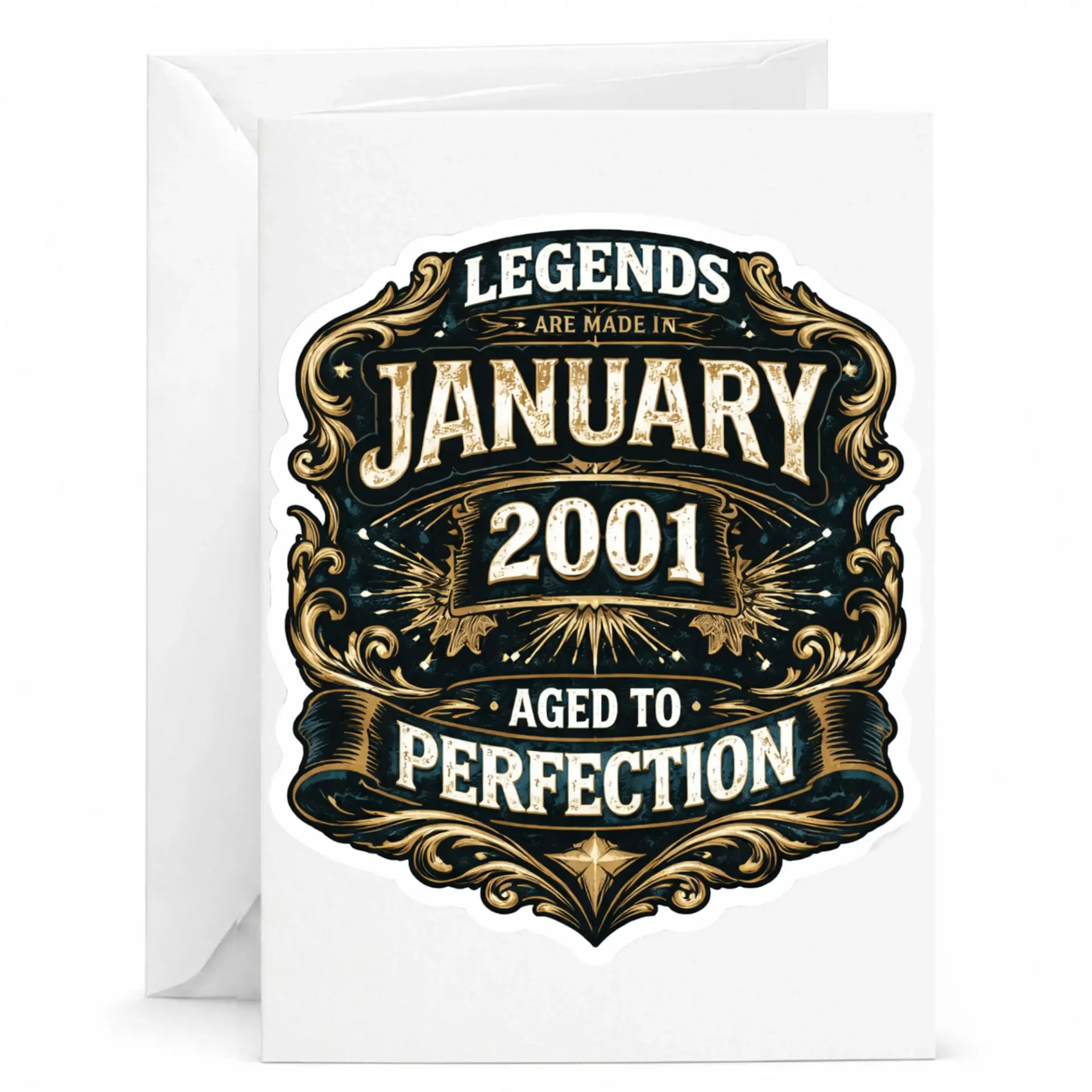 Birthday Card Legends Are Made in January 2001 Aged to Perfection Vintage Emblem Greeting Card for Milestone Celebration