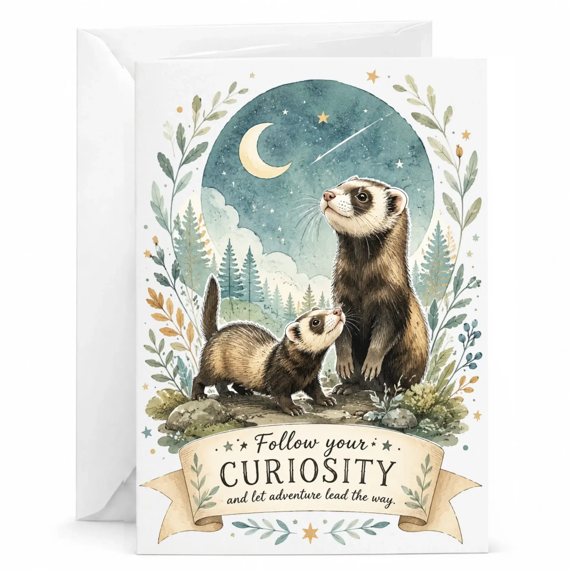 Greeting Card with Two Ferrets under Follow Your Inspirational Quote Note for All Occasions