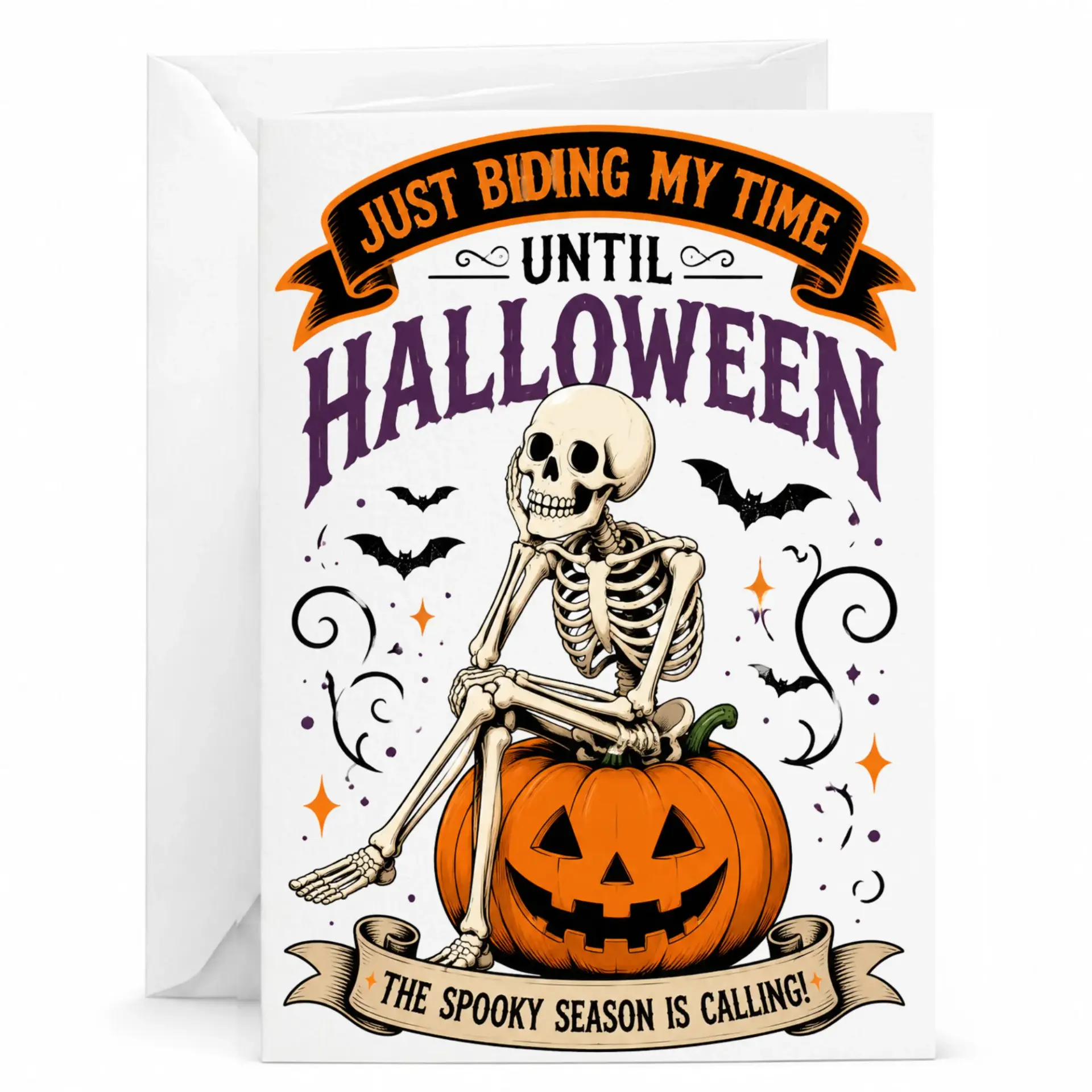 Greeting Card Funny Halloween Skeleton Just Biding My Time Spooky Season