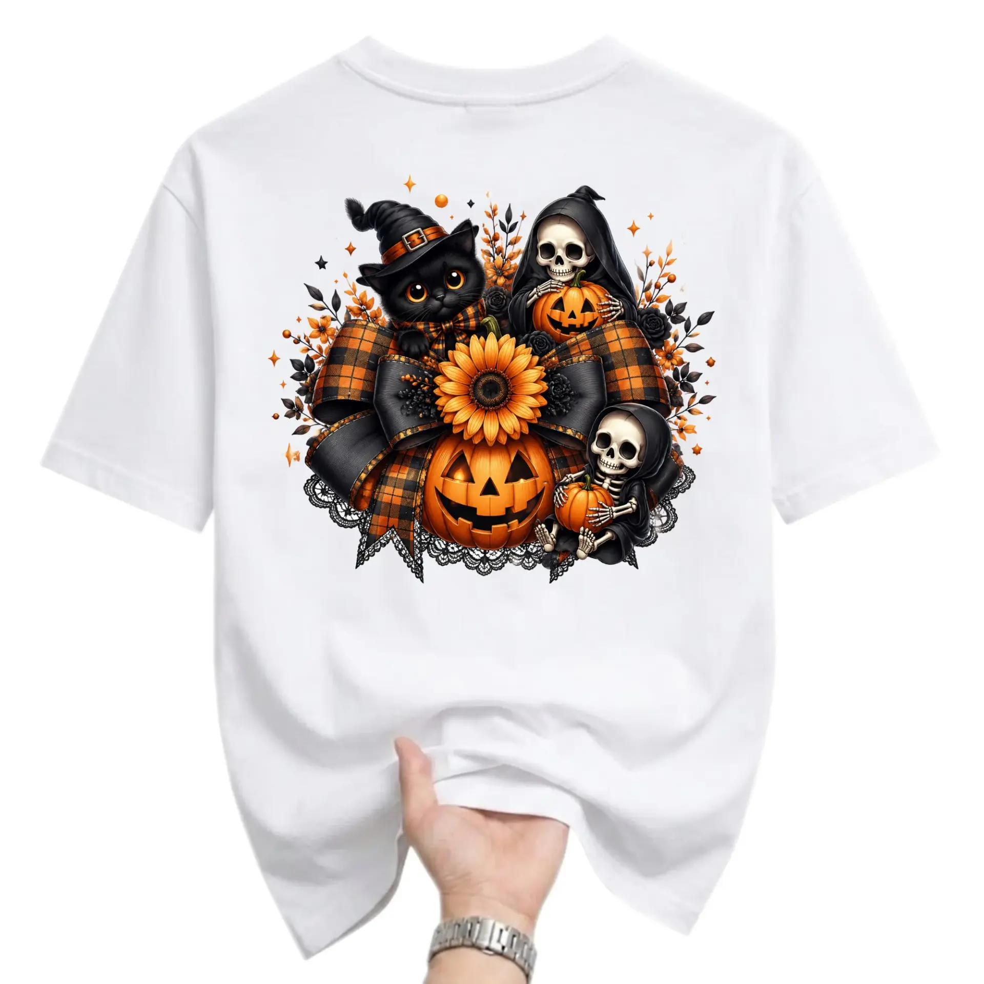 Graphic Tee Unisex Crew Neck T-Shirt Featuring Spooky Halloween Cat Skeleton and Pumpkin Fall Harvest Illustration