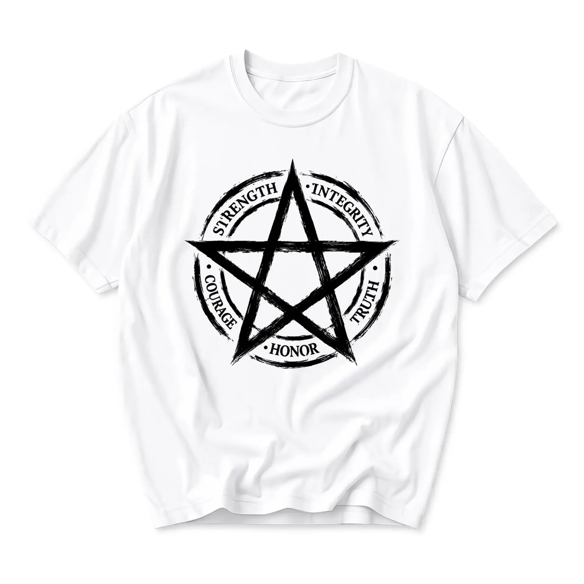 Graphic Tee Unisex Crew Neck Shirt Featuring a Bold Pentagram Emblem with Inspirational Words of Personal Virtue